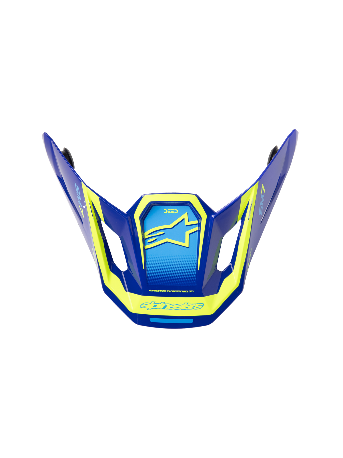 Alpinestars S-M7 Deed ECE06 Visir, ersättningsskärm för motocrosshjälm, blå och neongul med blank finish, vinklad aerodynamisk design med sidoventiler, med framträdande gula Alpinestars-logotyper och grafik.