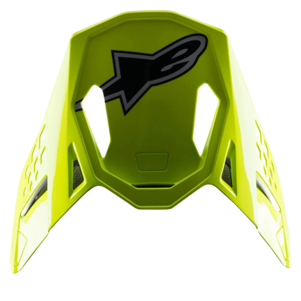Alpinestars S-M8 Factory visir, ersättningsvisir för motocrosshjälm, klar fluorgul, med en stor svart och grå Alpinestars-logotyp på ovansidan, glansig finish med aerodynamiska utskärningar, tillbehör med snäppfäste för Supertech M8-hjälmar