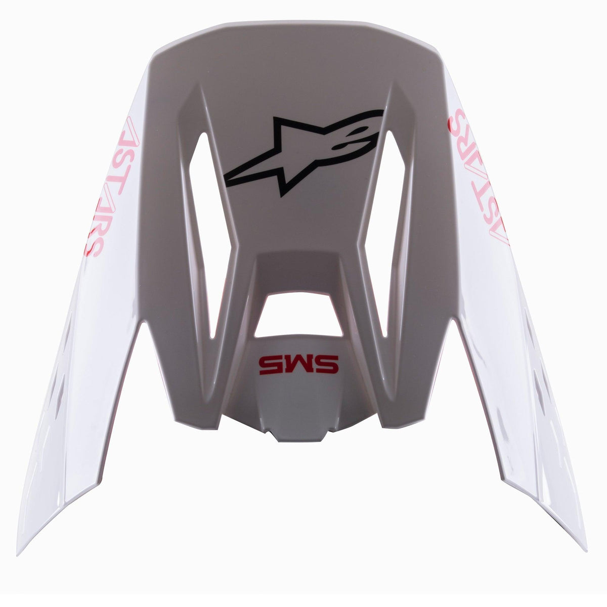 Alpinestars S-M5 Bond White Red Glossy-visir, ersättningsvisir för motocrosshjälm, glansig vit med röd ASTARS- och SM5-märkning, svart stjärnlogotyp, aerodynamisk design för terrängkörning