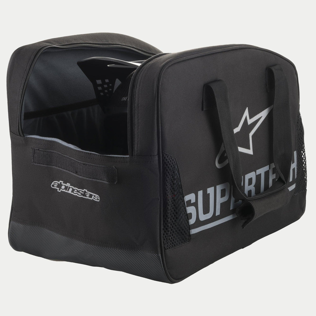 Alpinestars Supertech halvstel hjälmväska, svart motocrosshjälmväska med silverfärgad branding och slitstarka bärhandtag