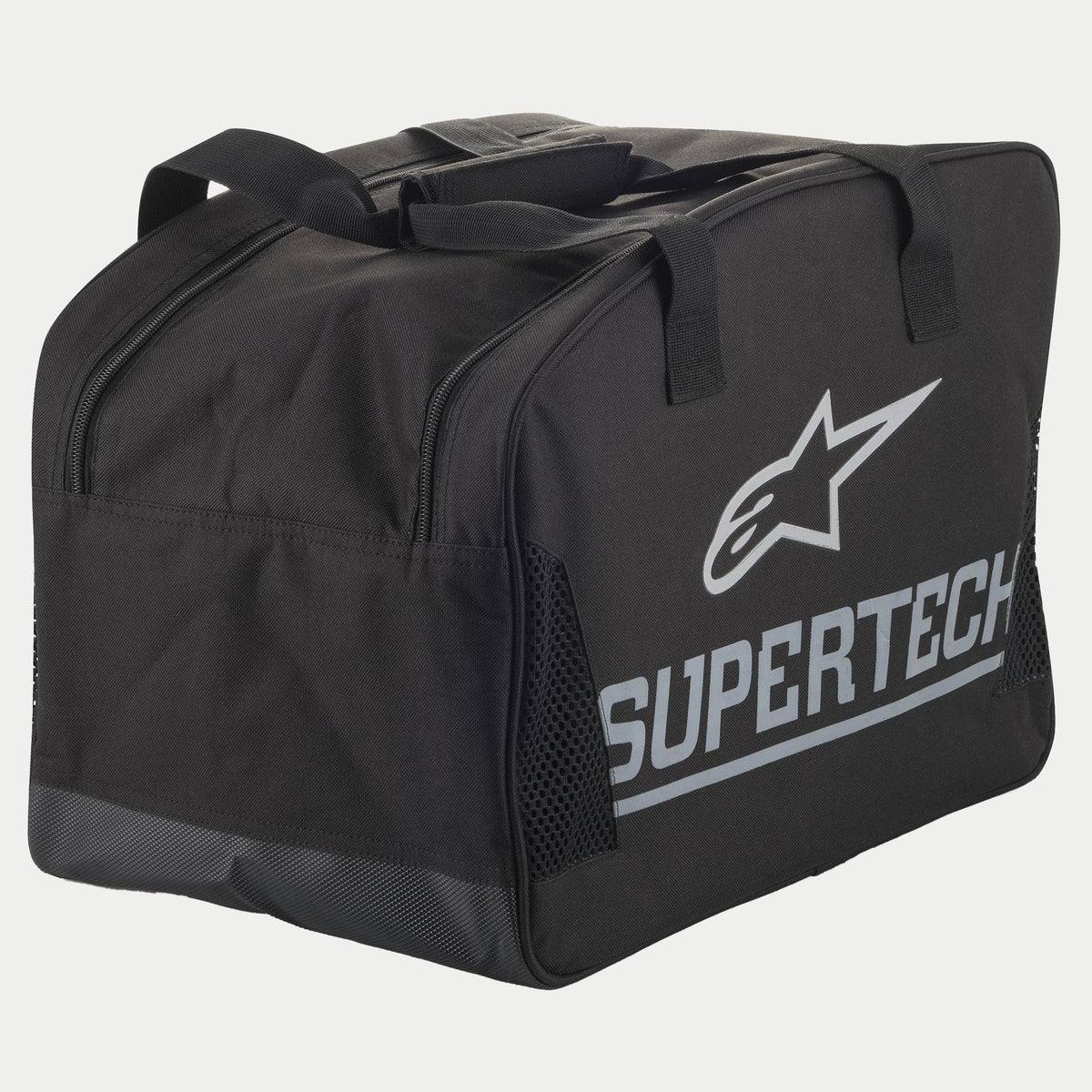 Alpinestars Supertech halvstel väska, svart och silver, slitstark konstruktion med robusta bärhandtag och stor Supertech-logotyp för skyddsutrustning