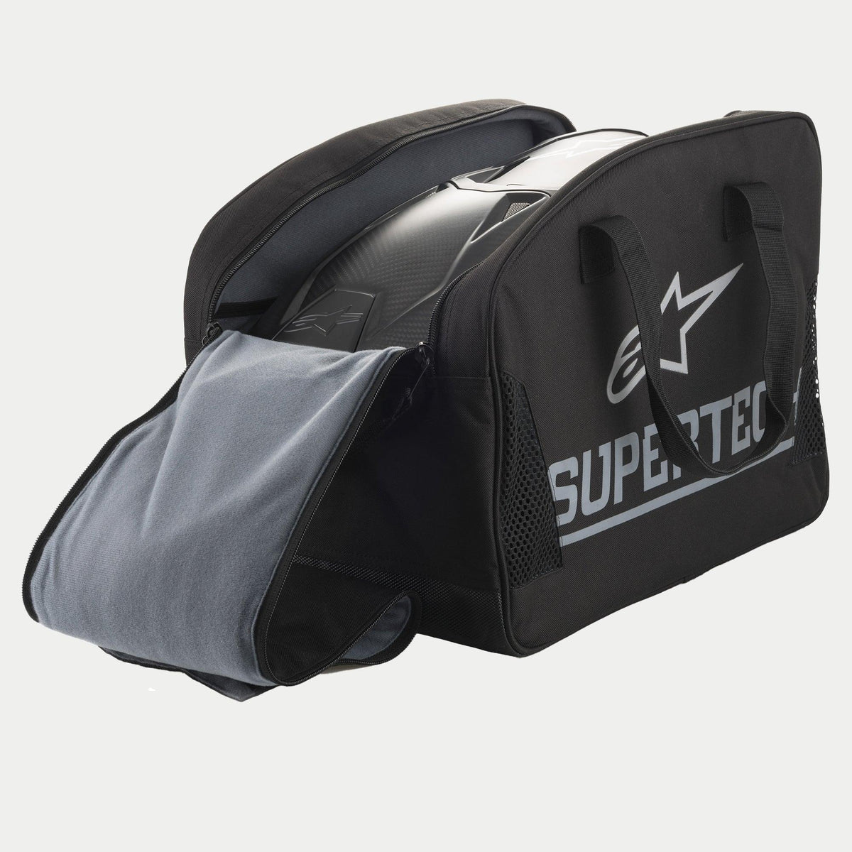Alpinestars Supertech Semi Rigid hjälmväska, svart skyddande motorcykelhjälmväska med stor silverfärgad logotyp och mjuk invändig foder