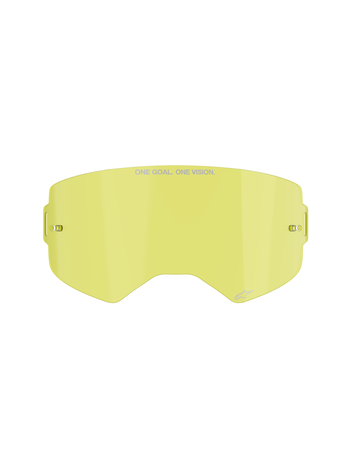 Alpinestars Supertech Clear Lens, reservlins för motocrossglasögon, gul lins, med texten "ONE GOAL. ONE VISION.", integrerade tear-off-fästen, transparent konstruktion i slagtåligt polykarbonat.
