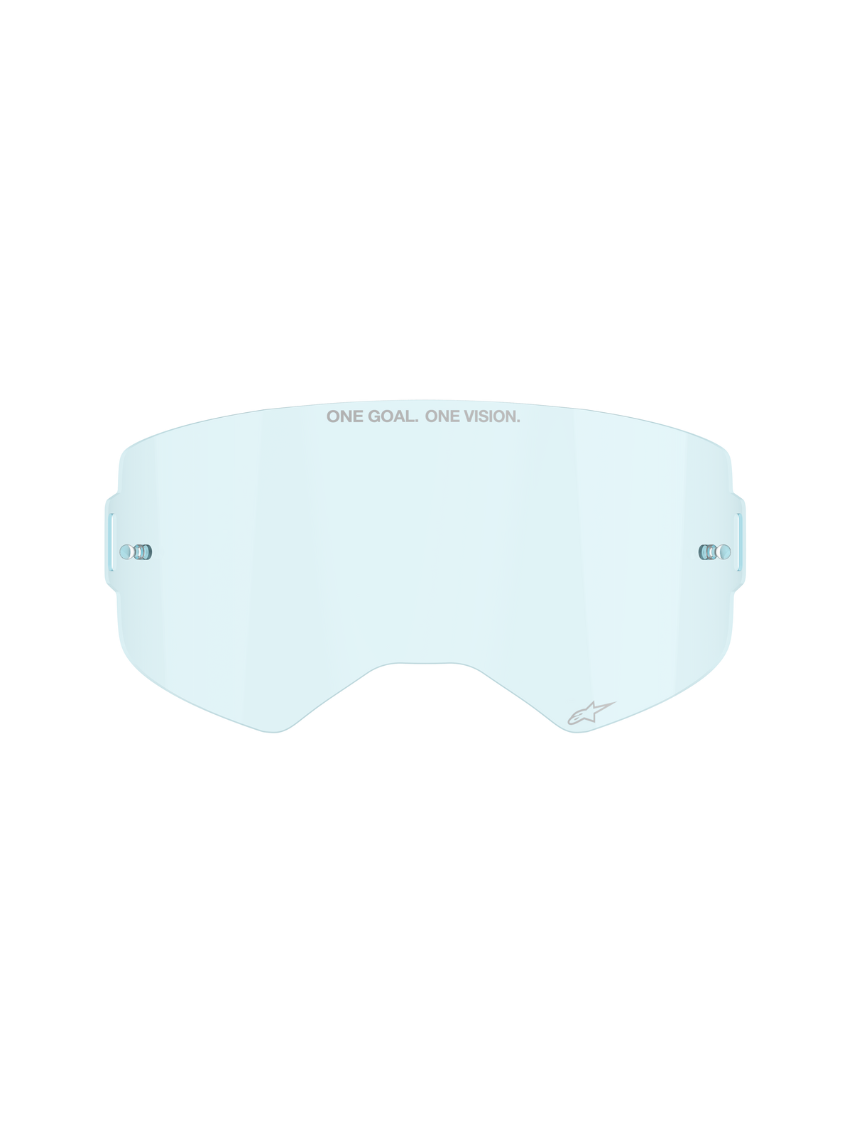 Alpinestars Supertech Clear Lens i Clear Blue, utbyteslins för motocrossglasögon, med märkningen ”ONE GOAL ONE VISION” och integrerade tear-off-fästen, böjd slagtålig design i polykarbonat
