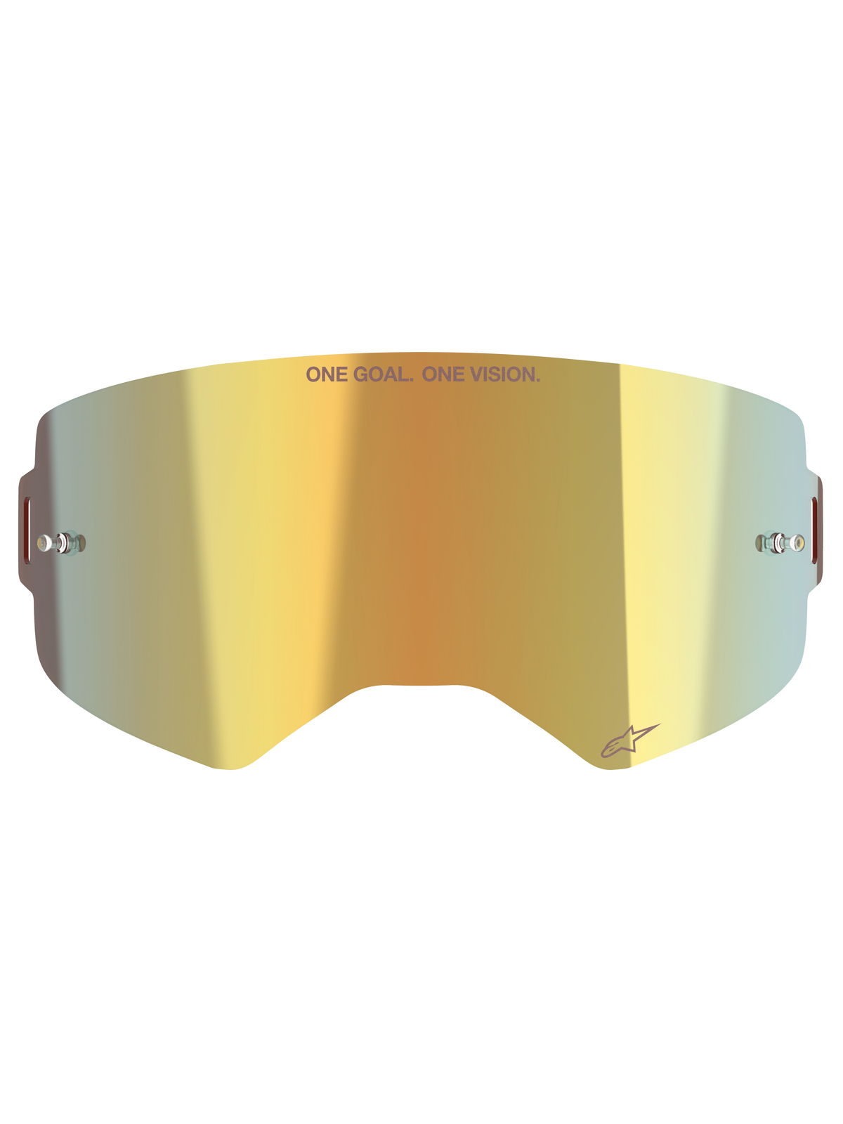 Alpinestars Supertech Mirror-lins, reservlins för motocrossglasögon, Mirror Gold-finish, med texten "ONE GOAL. ONE VISION." och Alpinestars-logotyp, inkluderar tear-off-fästen på sidorna, slitstarkt polykarbonat för terrängkörning