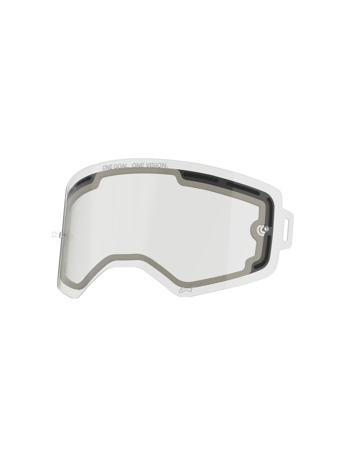Alpinestars Supertech Dubbellins, klar utbyteslins för motocrossglasögon, ventilerad dubbelglasdesign med grå skumtätning, med texten "ONE GOAL. ONE VISION.", slagtålig polykarbonat för motocrossprestanda