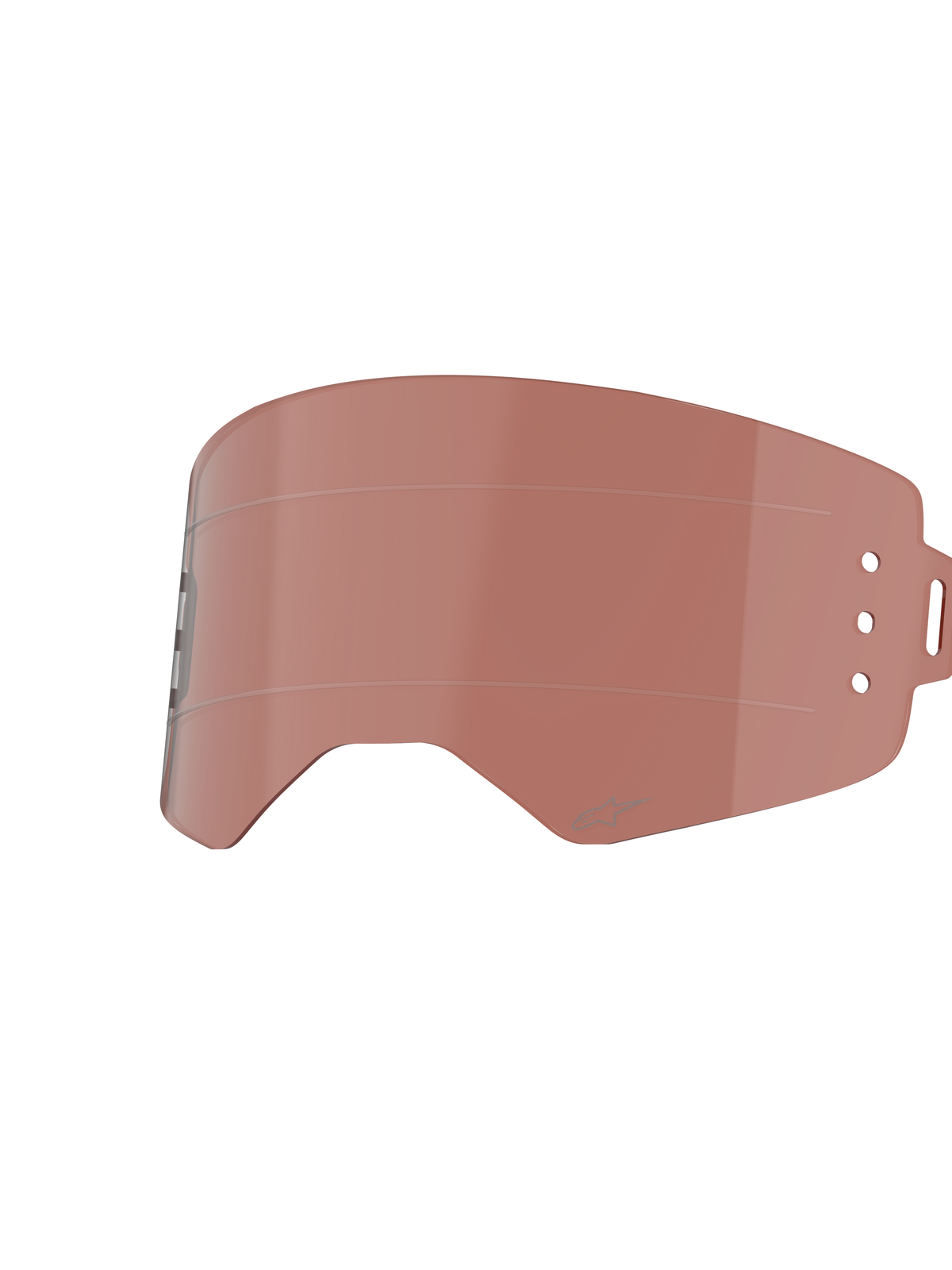 Alpinestars Supertech Roll-Off Lens, Copper Rose tint, replacement lens for motocross goggles, featuring horizontal glide lines and mounting holes for roll-off canisters, durable polycarbonate construction for off-road racing