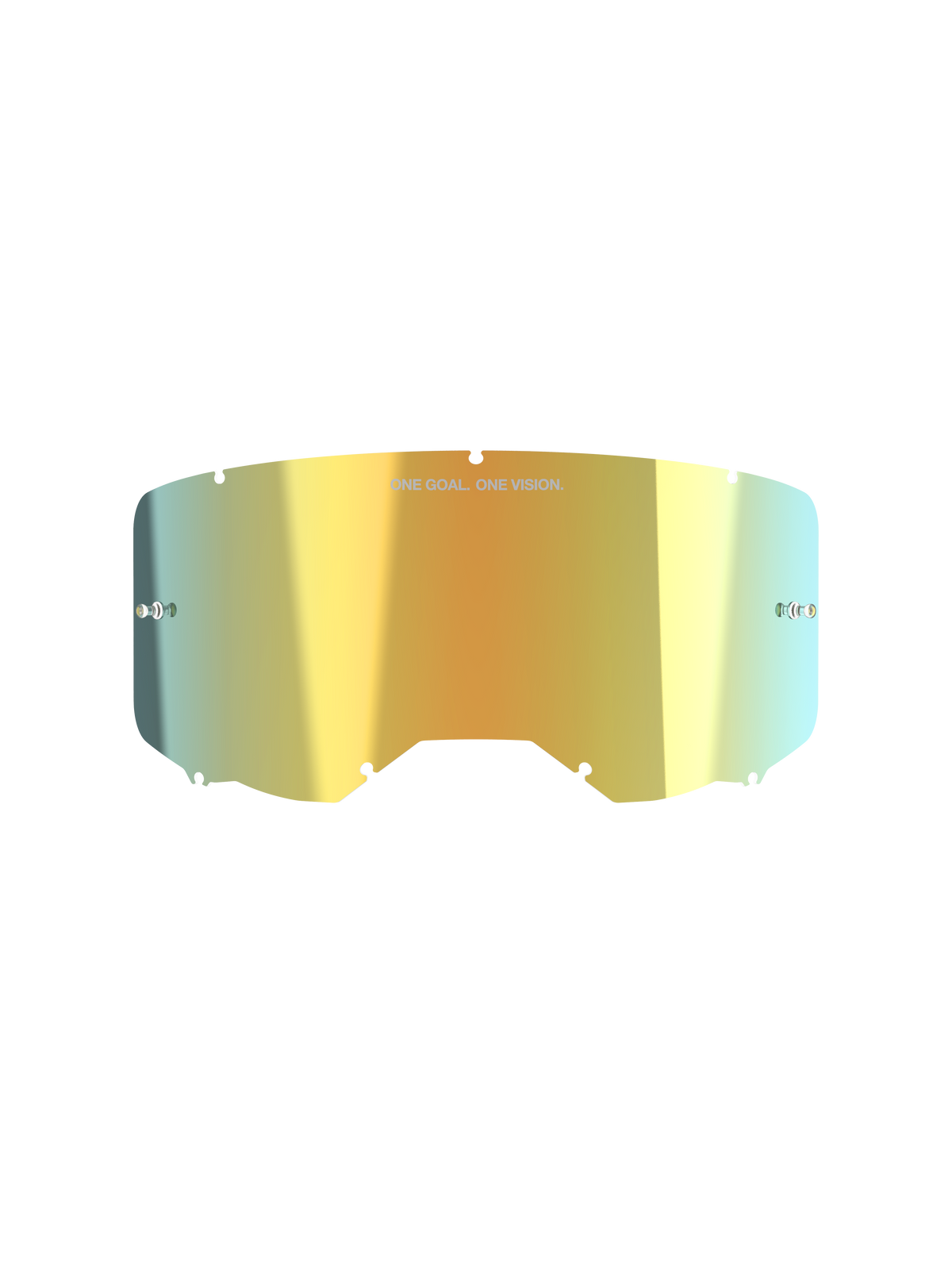 Alpinestars Vision 8-5-3 spegellins, tillbehör till motocrossglasögon, spegelguld, reflekterande metallisk yta med texten "ONE GOAL. ONE VISION.", integrerade tear-off-fästen, sju-punkts nyckelhålslåsning, högklar polykarbonat för terrängkörning