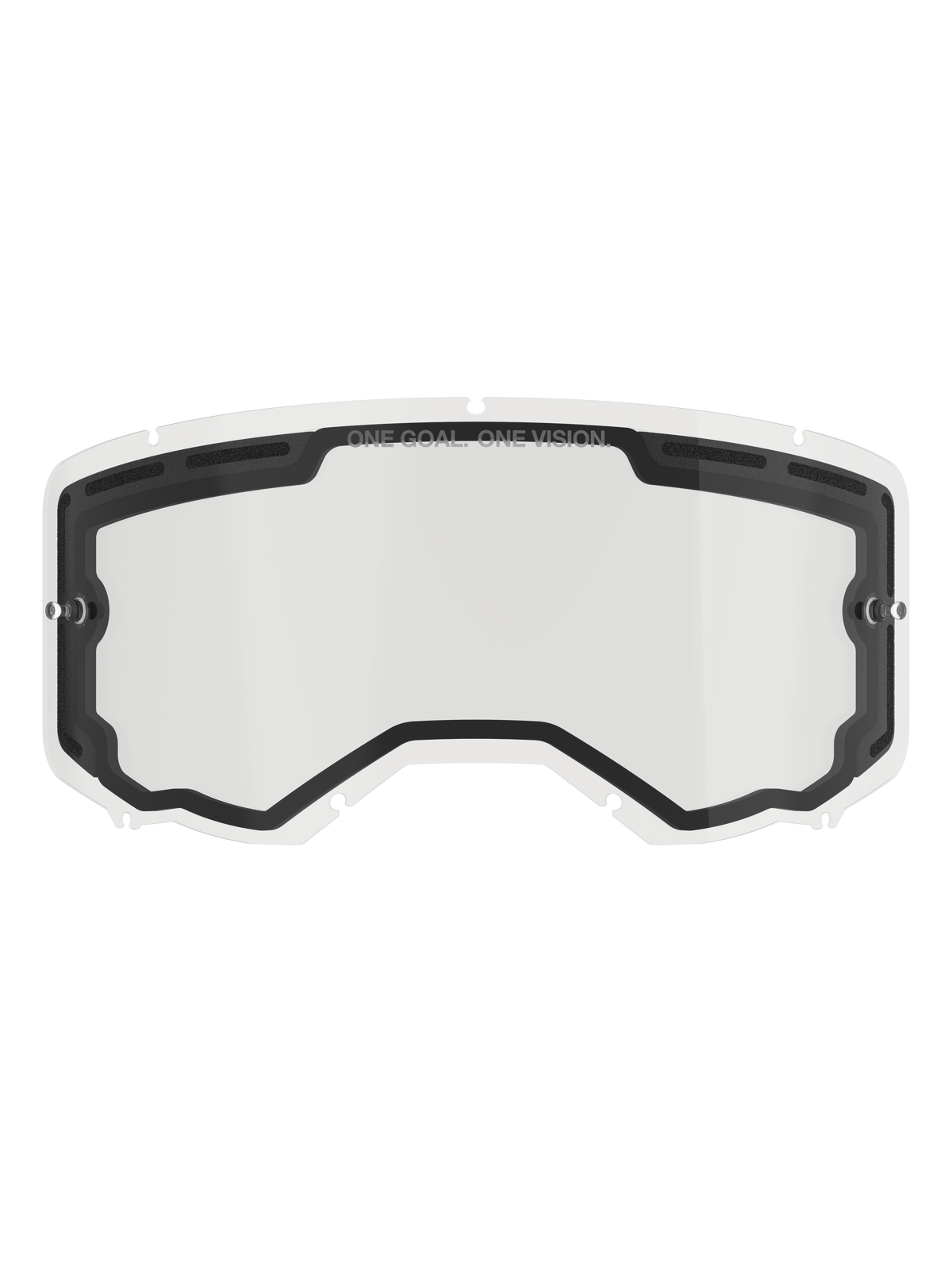 Alpinestars Vision 8-5-3 dubbelglaslins, klar reservlins för motocrossglasögon, med svart inre tätning och ventilationsöppningar upptill, tear-off-fästen på sidorna, 'ONE GOAL ONE VISION'-märkning på den övre kanten, tillbehör för offroad-racing