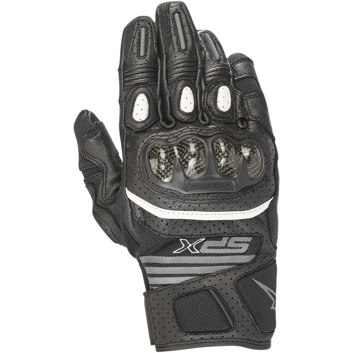 Alpinestars SPX Air Carbon V2 handskar för dam, svarta och antracitgrå, motorcykelhandskar med kort krage och knogskydd i kolfiber, perforerat läder och meshpaneler för luftflöde, vit accentrand och SPX-logotyp.