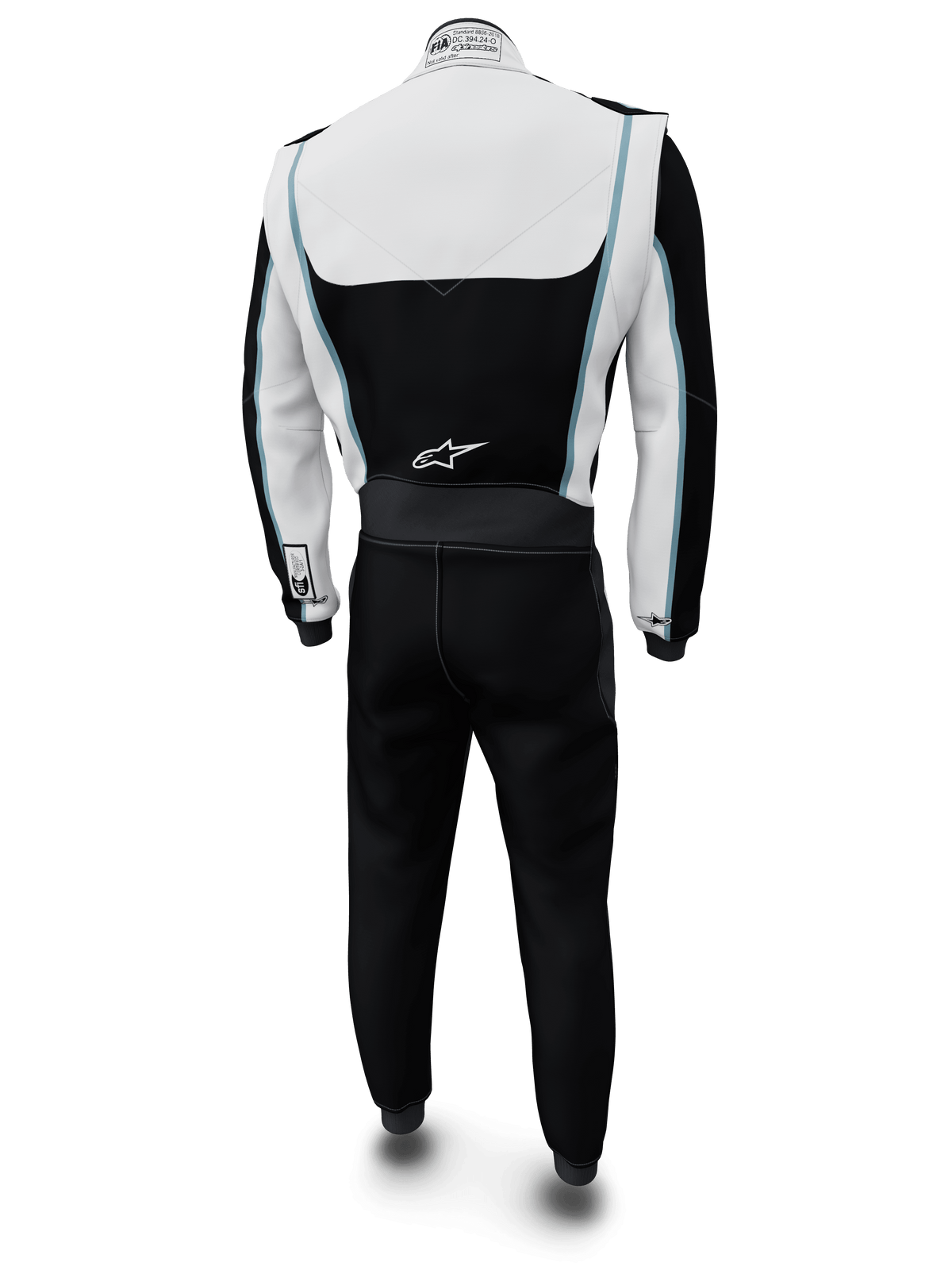 Alpinestars Tech Vision V3 Custom Suit, bilracingoverall, vit och svart med ljusblå detaljer, vy bakifrån, med Alpinestars-logotyp på ländryggen och FIA-certifieringsetikett på kragen, professionella flamskyddade racingkläder med Nomex-konstruktion