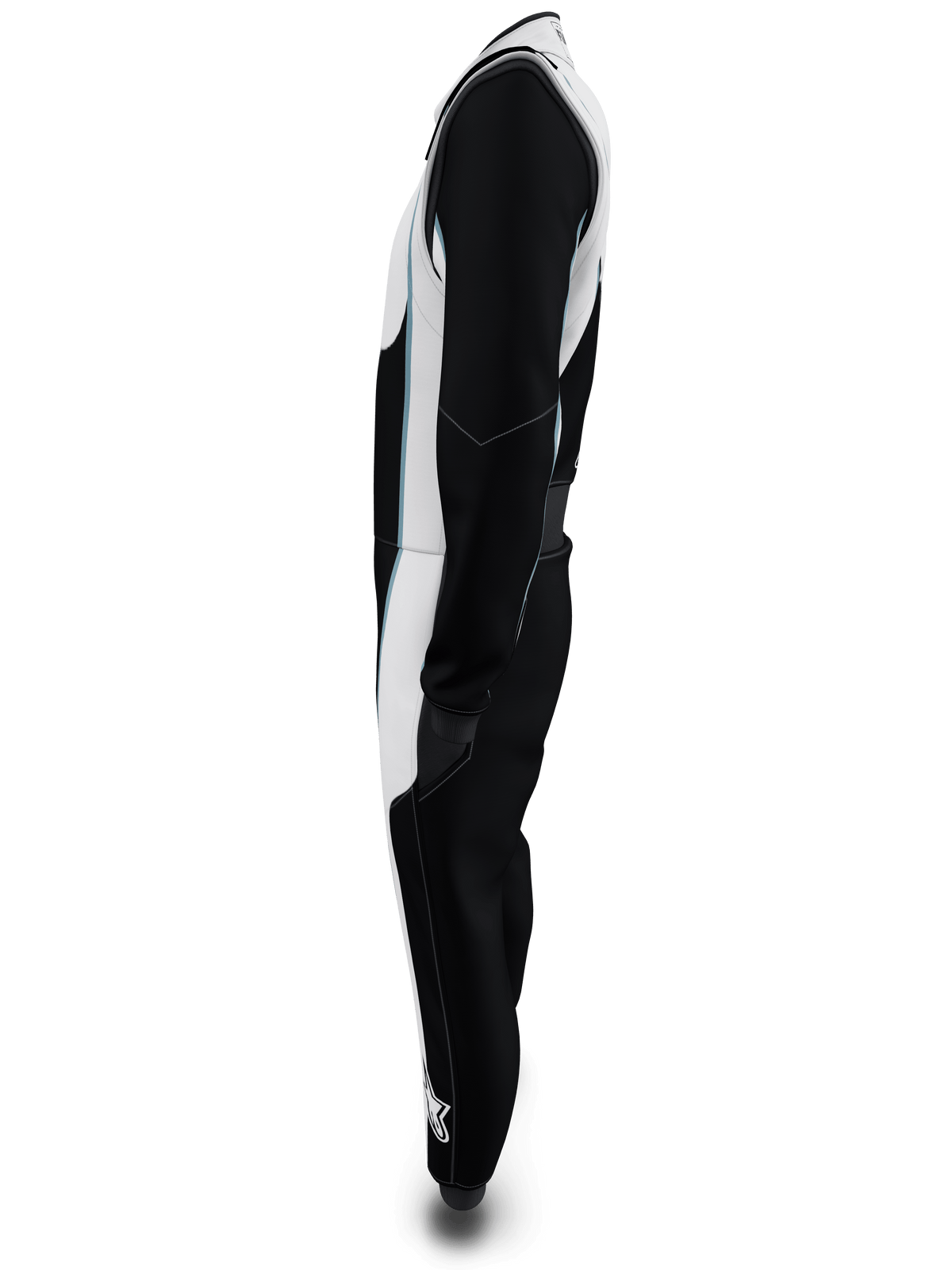 Alpinestars Tech Vision V3 Custom Suit, Side profile view, Black and White with light blue accents, professional FIA and SFI certified auto racing suit, lightweight Nomex construction