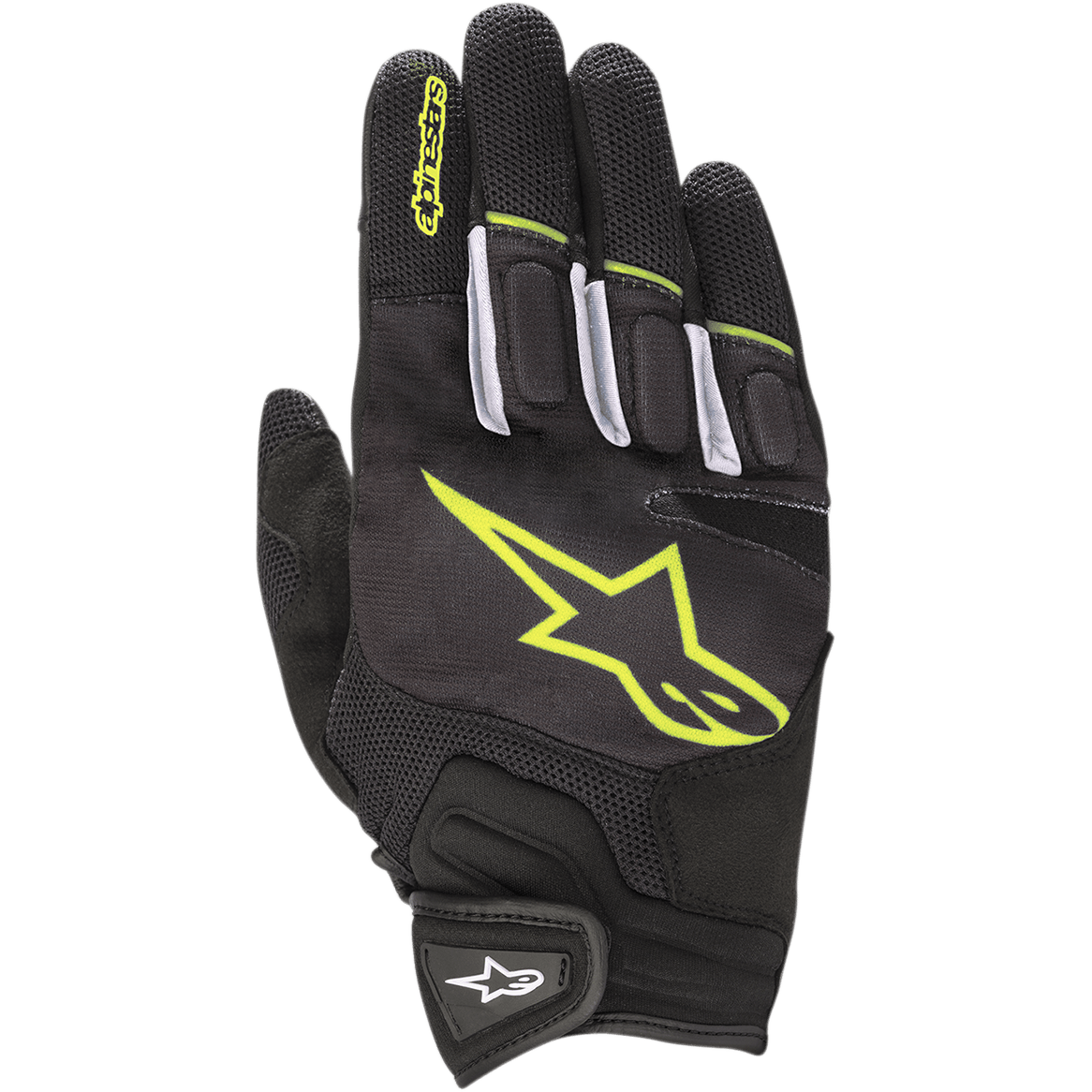 Alpinestars Atom handskar, lätta motorcykelhandskar för vägkörning, svarta och neongula, mesh-material för luftflöde, stor neongul logotyp på handryggen, vita detaljer på fingrarna och kardborrestängning vid handleden för stadskörning.
