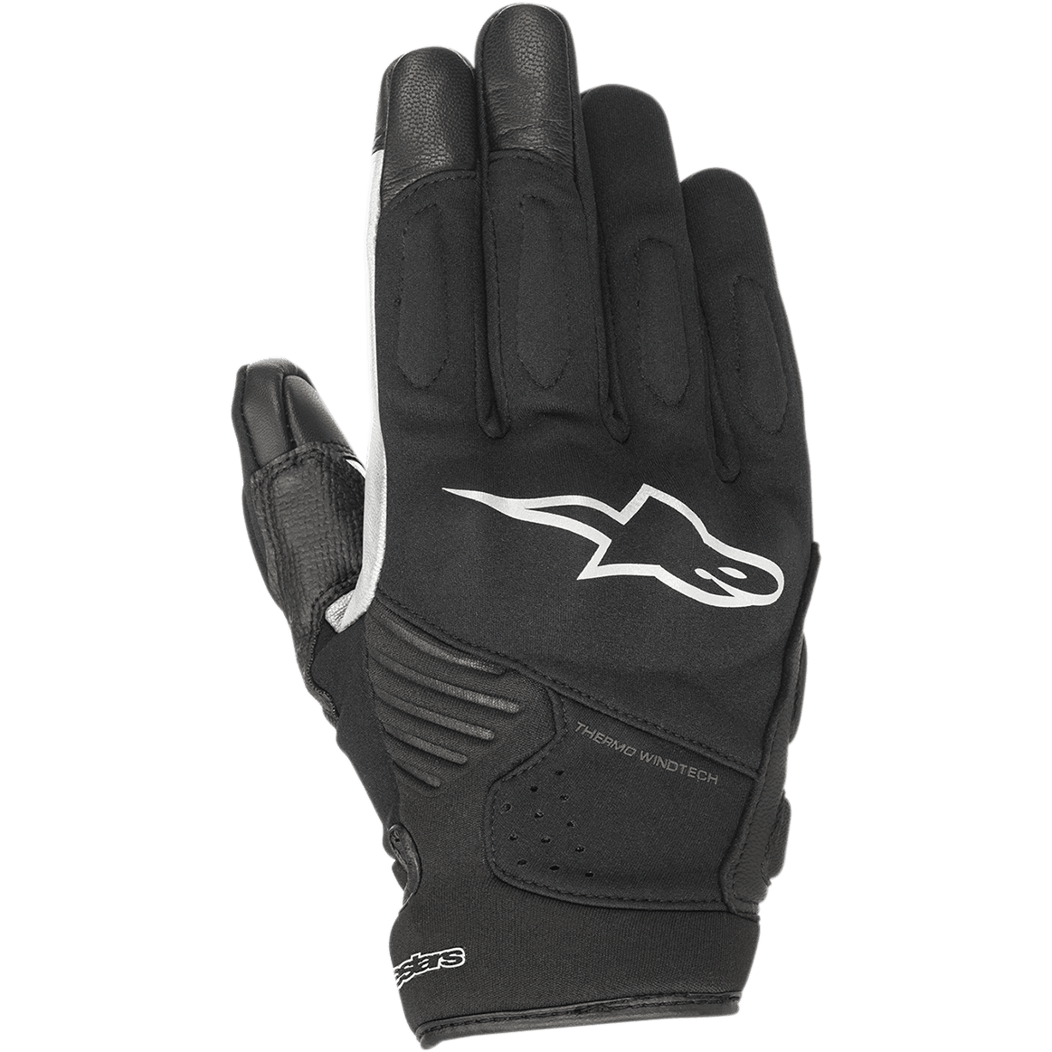 Alpinestars Faster handskar, svarta motorcykelhandskar med vit logotyp, Thermo Windtech-teknologi, vadderade knogar och flermaterialskonstruktion i softshell, urban design med kort manschett