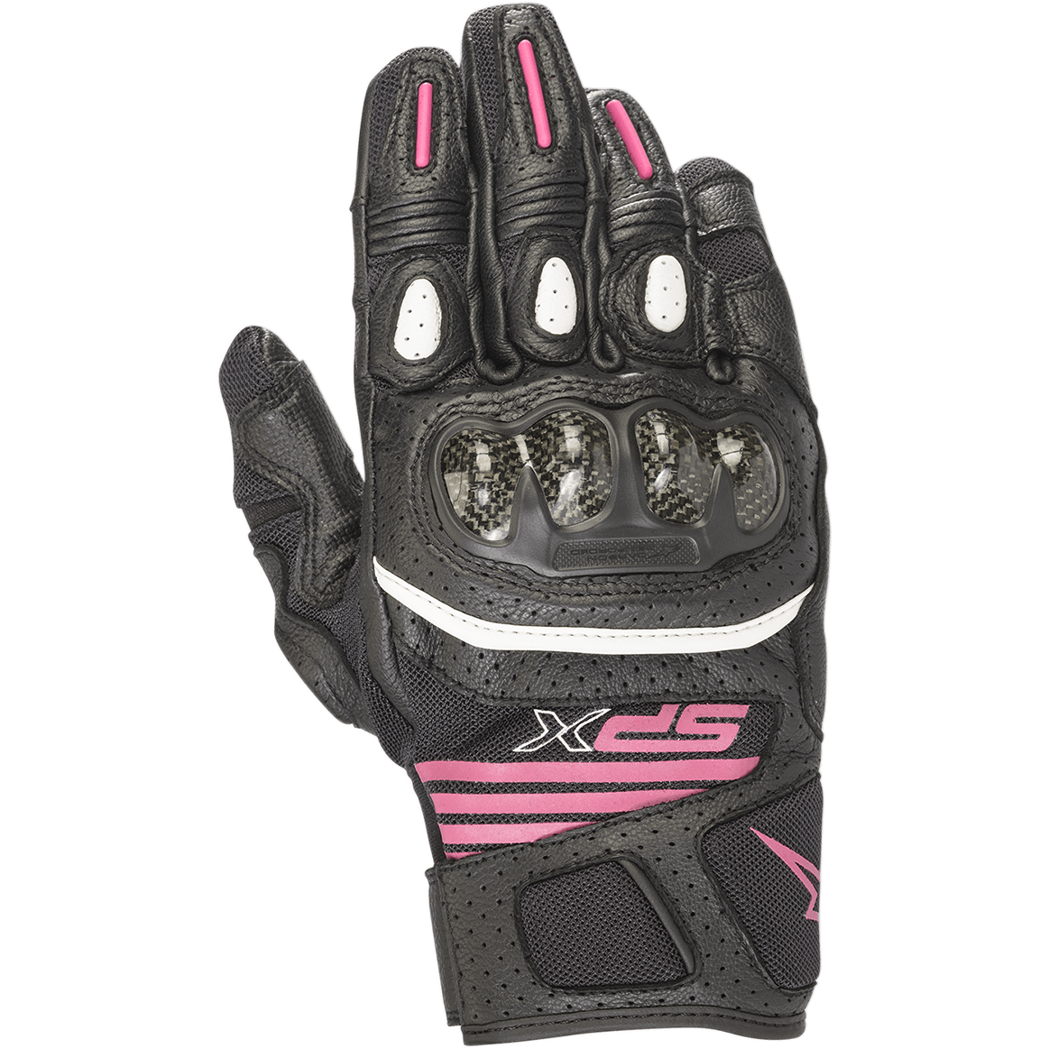 Alpinestars SPX Air Carbon V2 damhandskar, kortskaftade motorcykelhandskar i svart och fuchsia, knogskydd i kolfiber, konstruktion i perforerat läder och mesh, vit kant och fuchsia-logotyp på handleden