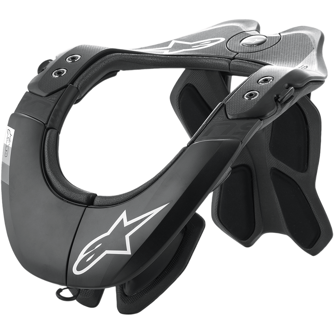Alpinestars BNS Tech 2 nackskydd, nackskydd för motocross, svart och grå, ram i kolfiberpolymer med kolfiberstruktur, vita Alpinestars stjärnlogotyper, ergonomisk bakre stabilisator och dämpande vaddering, professionellt skydd för offroad-racing