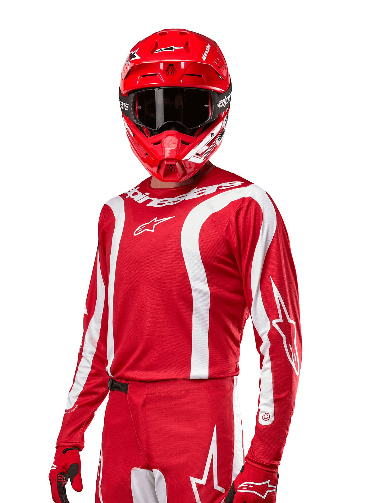 2024 Fluid Lurv Jersey, motocrosströja, Mars Red och vit, bärs med matchande röd hjälm och handskar, djärv sportig design med vita svängda ränder och Alpinestars-logotyper