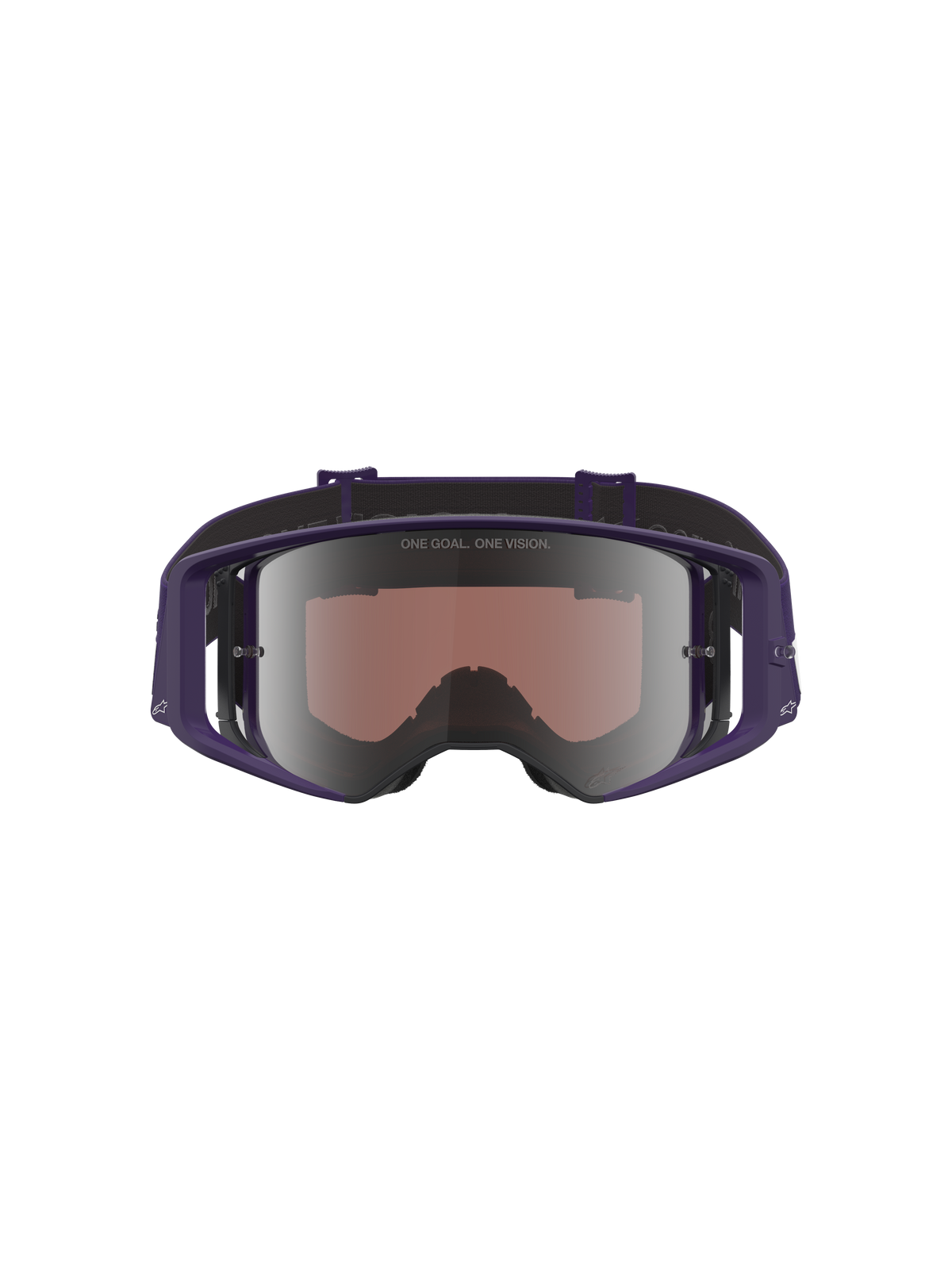 Alpinestars Limited Edition HUNTA96 XXV Supertech Vision Goggles, motocrossglasögon, lila och vita med silverspegel-lins, vy framifrån som visar reflekterande lins med texten 'ONE GOAL. ONE VISION.', bred periferiramdesign för terrängkörning