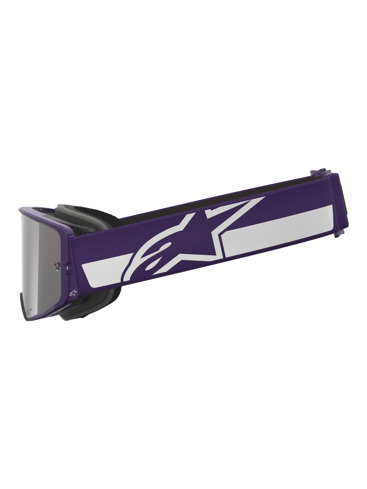 Alpinestars Limited Edition HUNTA96 XXV Supertech Vision Goggles, motocrossglasögon, lila och vit, sidoprofil som visar ett brett lila band med vit Alpinestars-stjärnlogotyp och rand, silverspegel-lins, högpresterande terrängglasögon