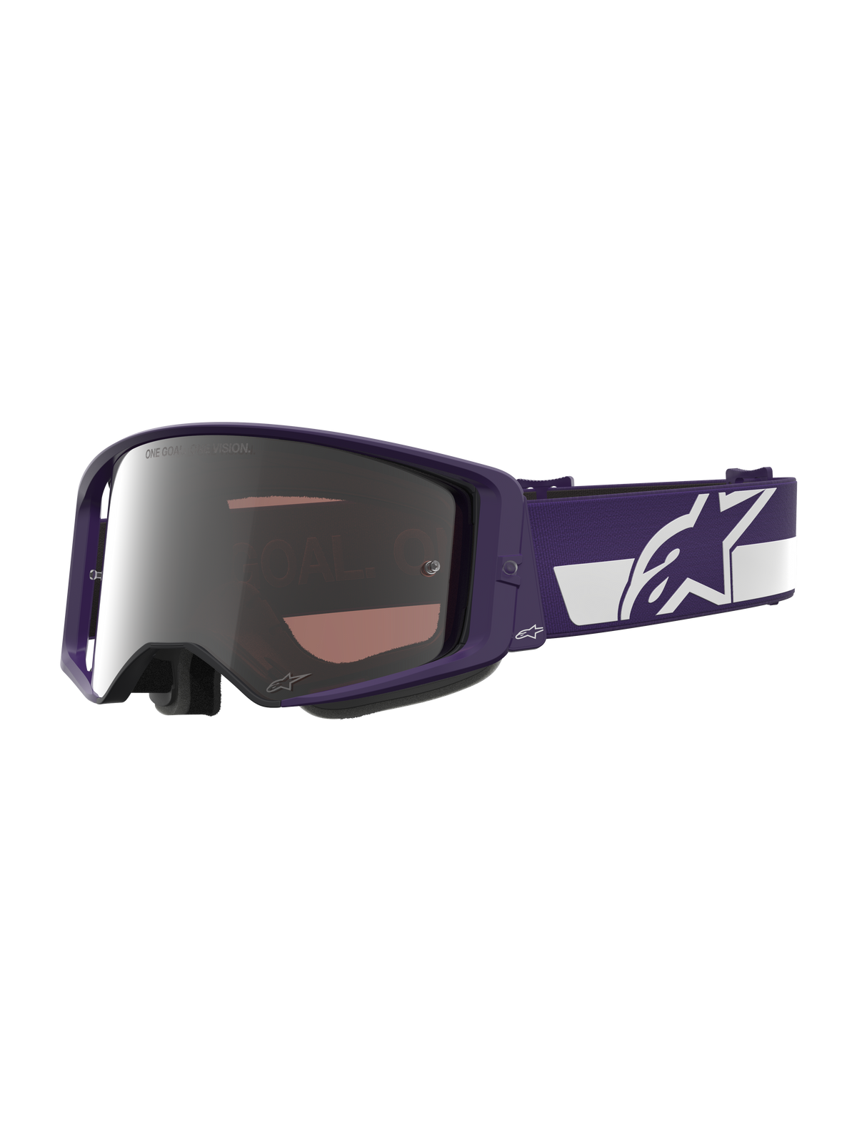 Alpinestars Limited Edition HUNTA96 XXV Supertech Vision-glasögon, motocrossglasögon, lila och vita med silverspegel-lins, med texten "ONE GOAL. ONE VISION." på linsen, brett justerbart band med framträdande Alpinestars-logotyp, högpresterande skyddsglasögon för terrängkörning