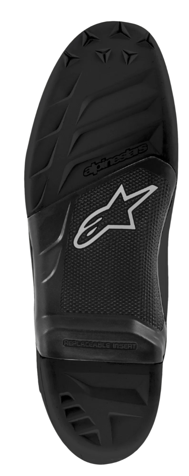 Alpinestars Tech 7 Sole, replacement motocross boot outsole, black rubber construction, featuring textured tread patterns, Alpinestars logo and star emblem, with 'REPLACEABLE INSERT' text on the midsection.