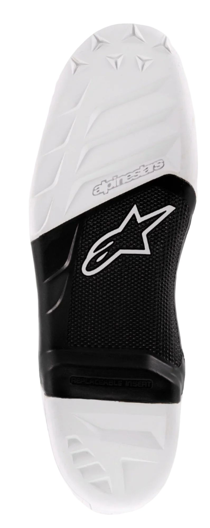 Alpinestars Tech 7-sula, reservsula för motocross-stövlar, vit och svart, mönstrad greppyta, Alpinestars-logotyp och en utbytbar mittdel för prestanda vid terrängkörning.
