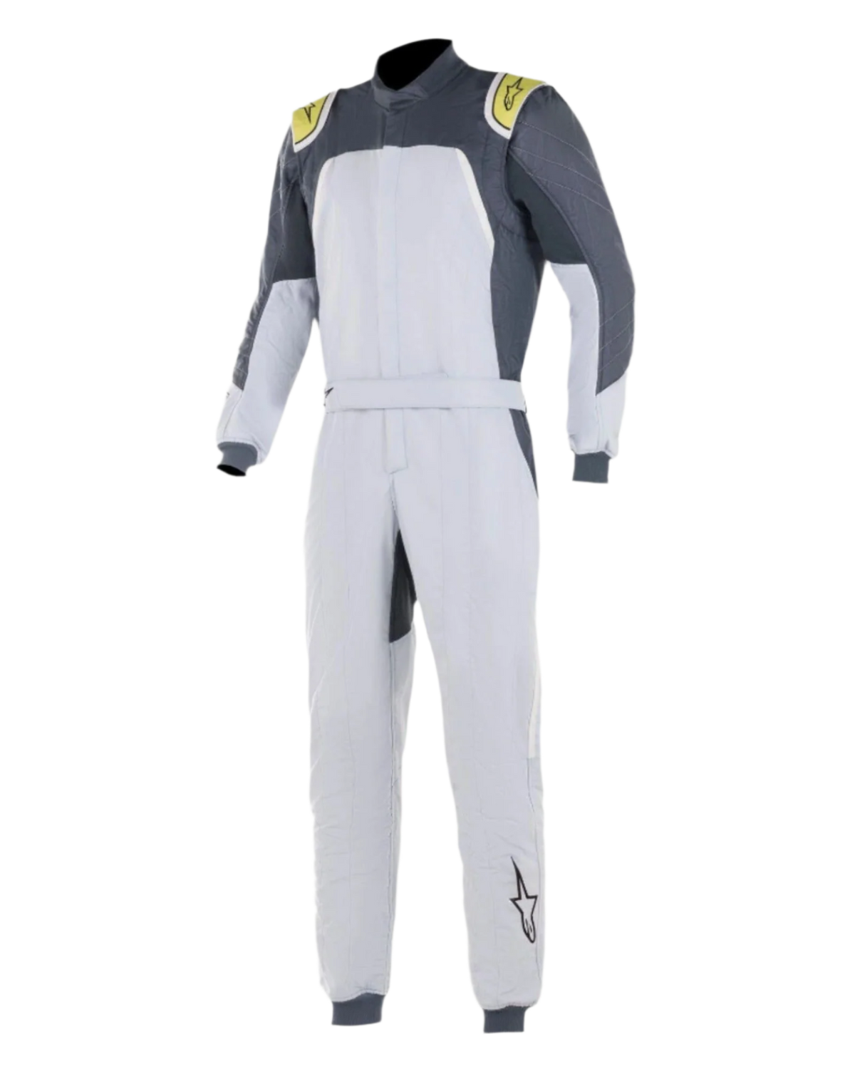 Alpinestars GP Pro Comp Suit, professionell racingoverall för bil, Silver Blue Asphalt Lime, ljussilver med mörkgrå axelpaneler och limegröna detaljer, midjebälte och ribbade muddar, FIA-certifierad trelagerskonstruktion för prestanda inom motorsport
