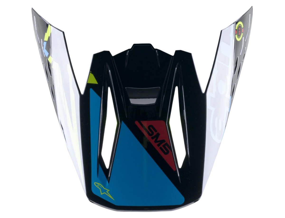 Alpinestars S-M5 Action Visor, reservdel för motocrosshjälm, svart, cyan och neongul glansig finish, med SM5-grafik och stjärnlogotyp, klickfästning för terrängkörning