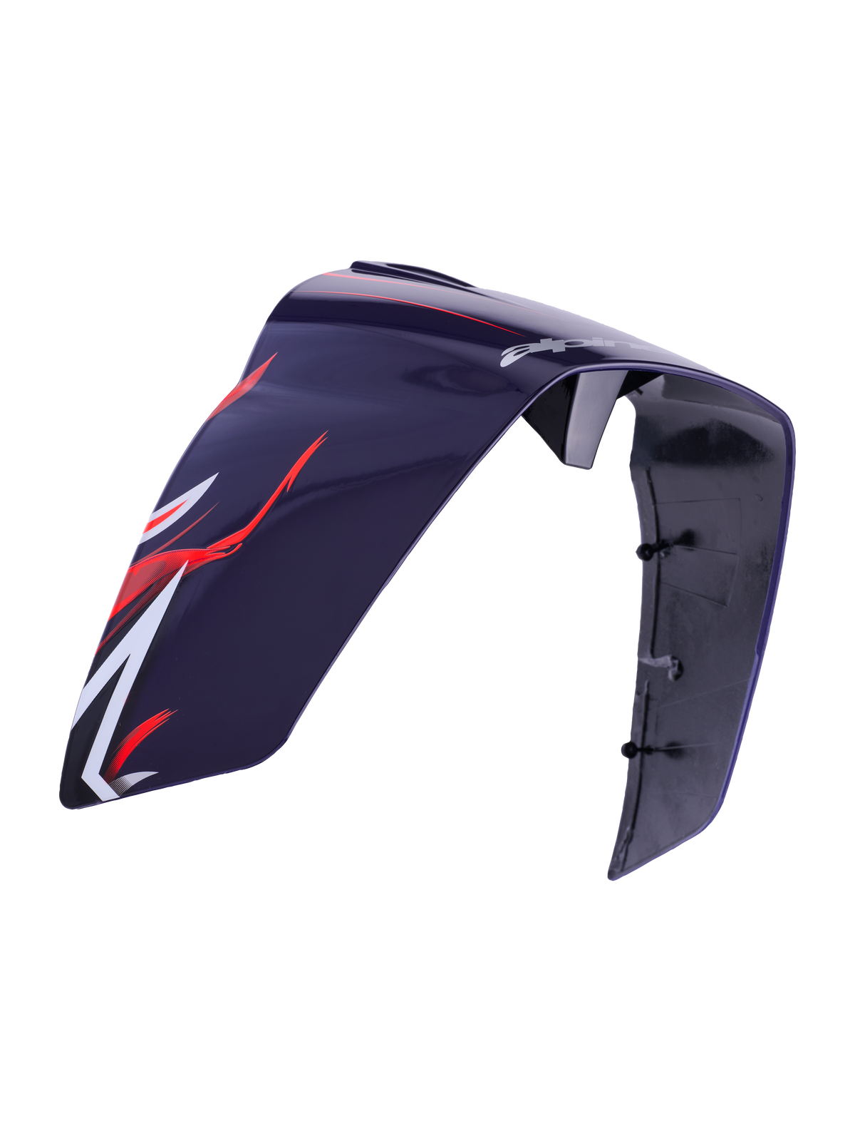Alpinestars Supertech R10 Flyte Race Spoiler, hjälmtillbehör, glansig lila och röd finish, med röd och vit aerodynamisk grafik och Alpinestars-branding, strömlinjeformad konstruktion i glansig plast med synliga monteringspunkter på insidan, reservdel för racinghjälmar.