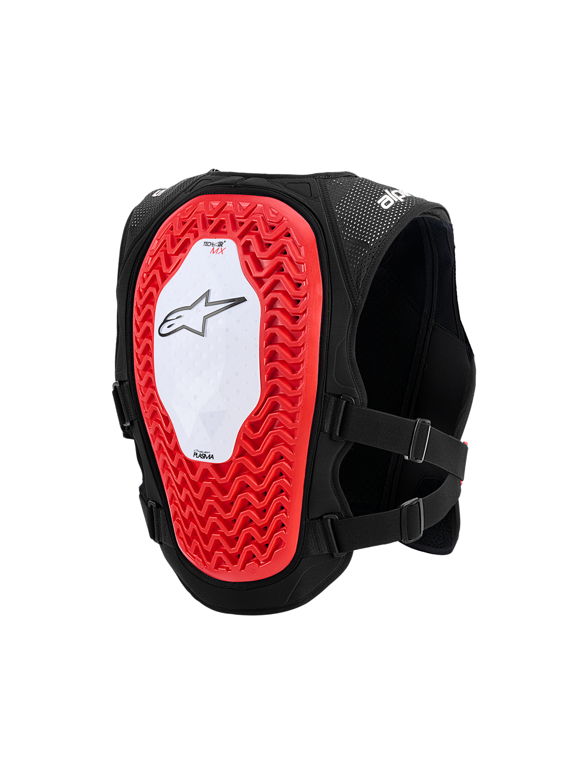 Alpinestars Tech-Air® MX System, autonom airbagväst för terrängkörning, vy bakifrån som visar ett stort rött Nucleon PLASMA-ryggskydd med bikakestruktur, vit mittpanel med svart stjärnlogotyp, ventilerande svart mesh-chassi och justerbara sidoremmar