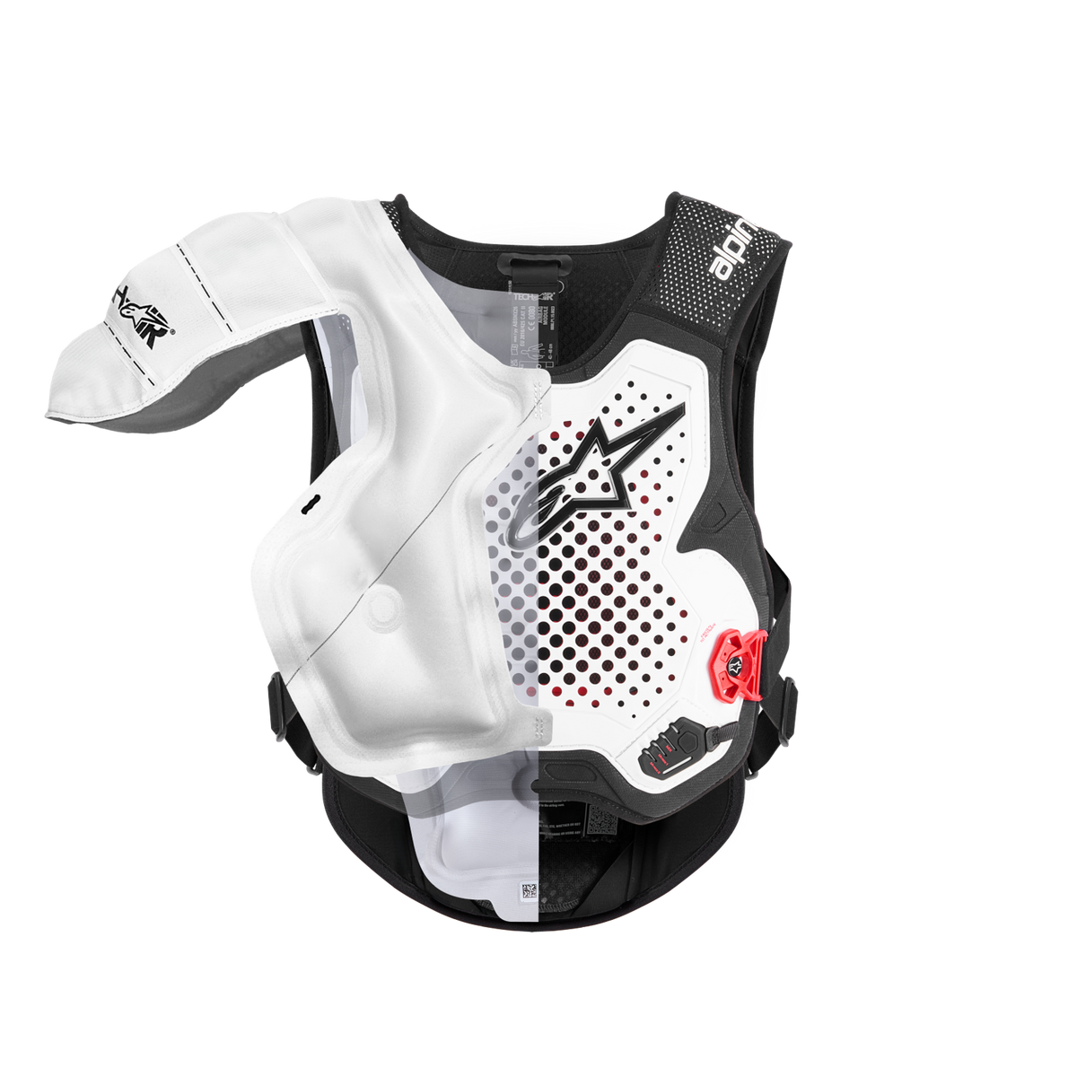 Alpinestars Tech-Air® MX-system, autonom off-road-airbag, genomskärningsvy som framhäver den interna vita uppblåsbara blåsan och skyddsvästen, svartvitt chassi med röda detaljer, ger skydd för axlar och bröst.