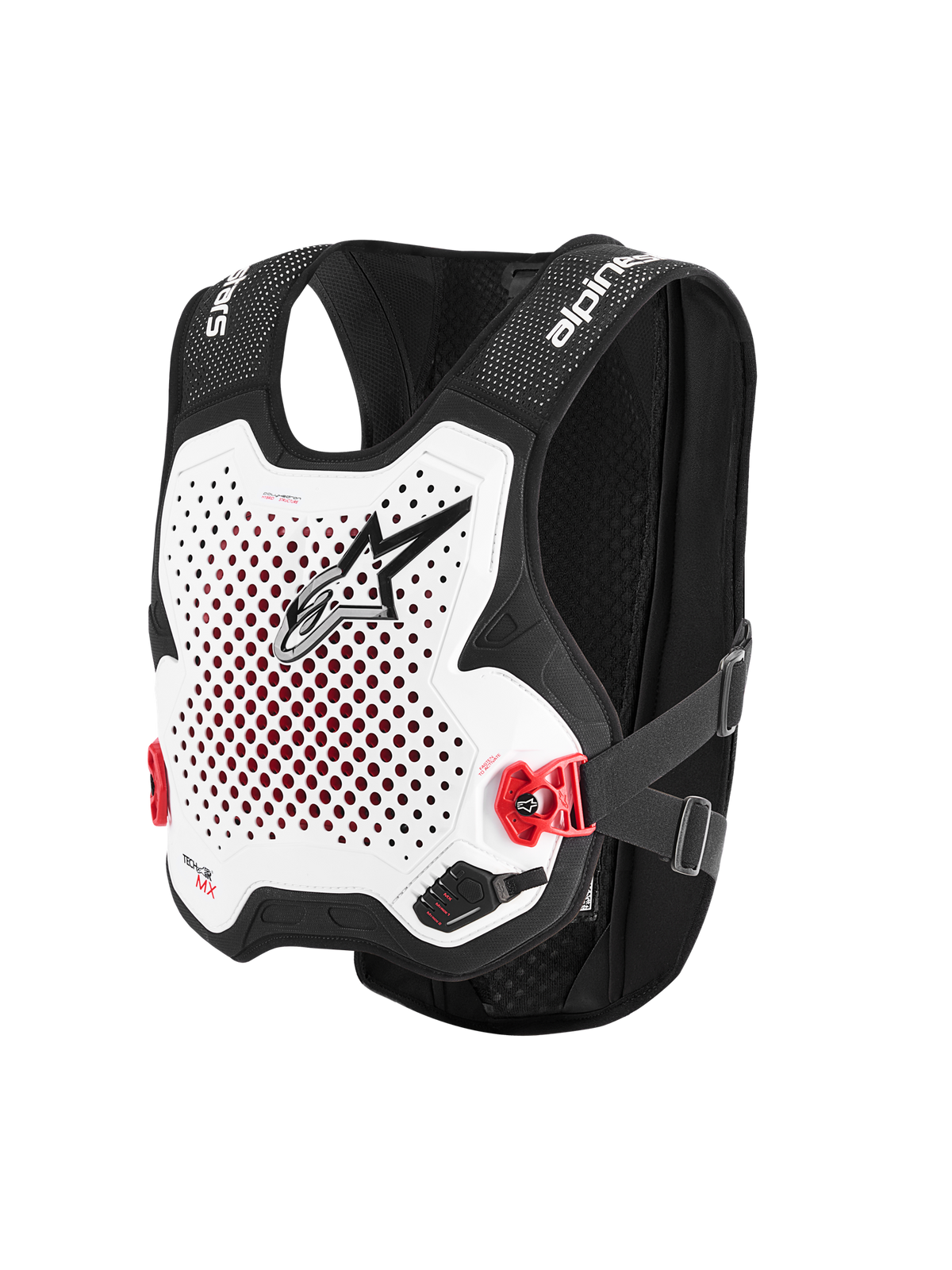 Alpinestars Tech-Air® MX System, autonom airbagväst för terrängkörning, vit och svart, perforerad vit bröstplatta med svart logotyp, röda sidospännen, svart stretchmesh-chassi, avancerat skydd för motocross och supercross