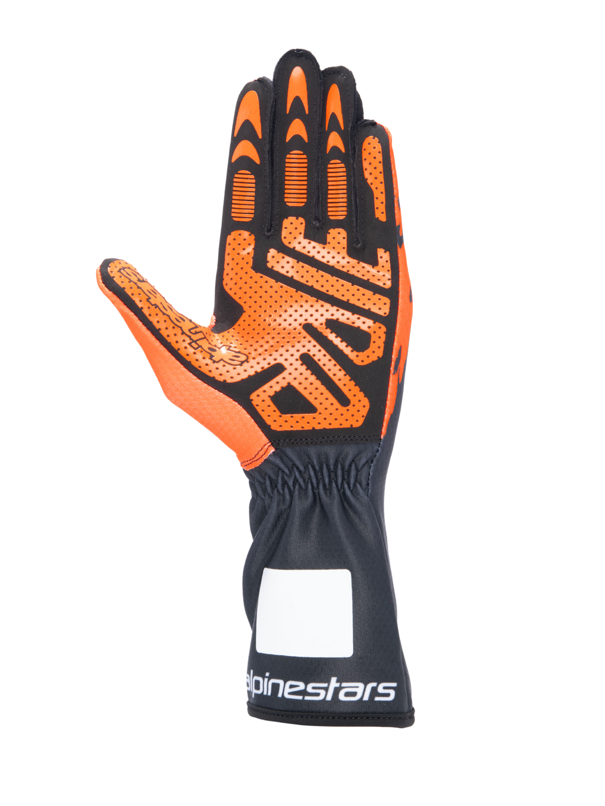 Alpinestars Tech-1 K V3 Karting Gloves, Black and Orange, palm view showing detailed silicone grip pattern, long cuff with white Alpinestars logo, ergonomic design for kart racing
