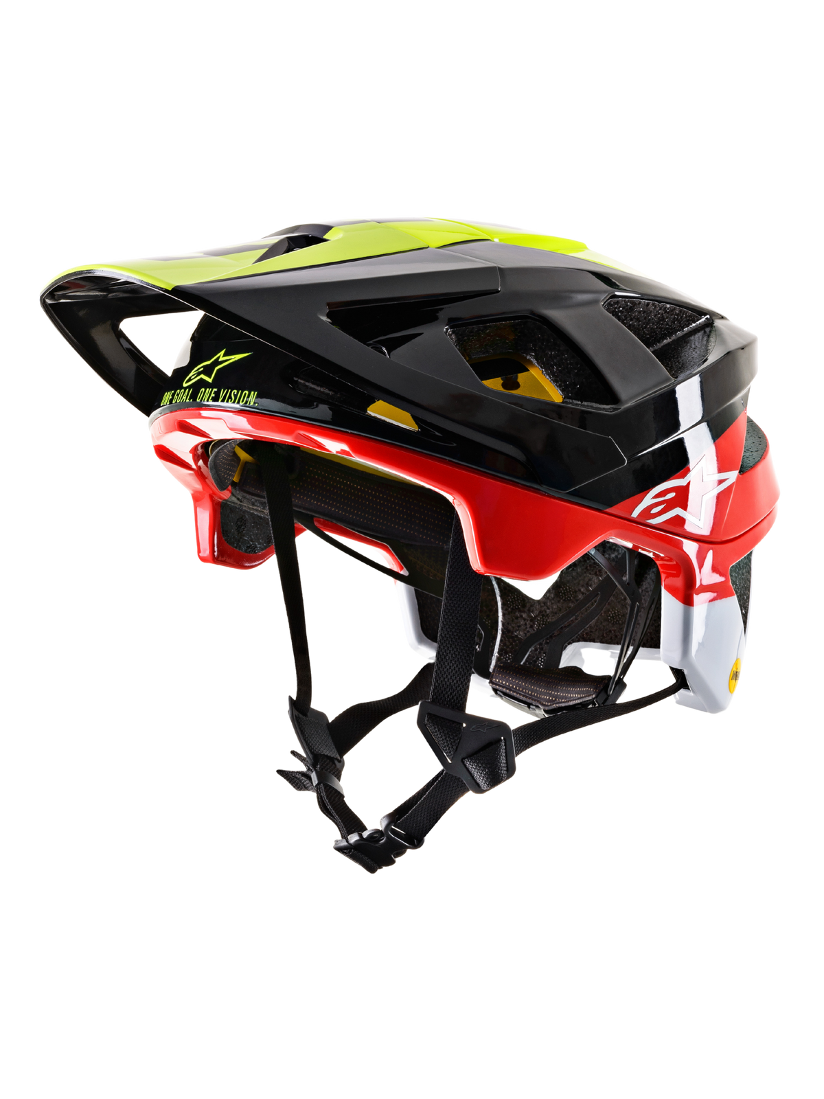 Alpinestars Vector Tech Pilot MTB-hjälm CE, mountainbikehjälm, svart, röd, vit och neongul, blank yta med flera ventilationsöppningar, justerbar skärm, MIPS-märkning, strömlinjeformad aerodynamisk design för terrängcykling
