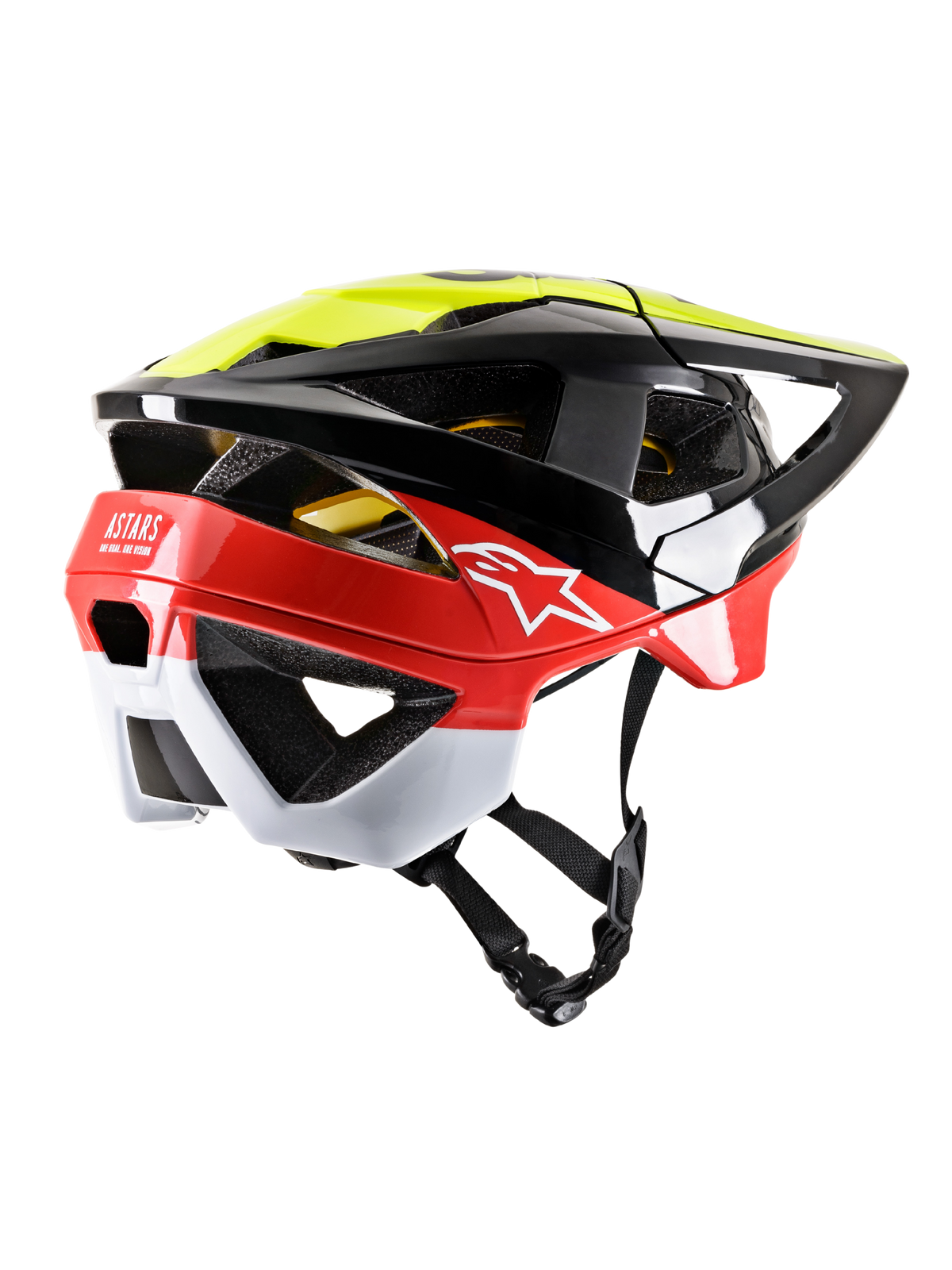 Alpinestars Vector Tech Pilot MTB-hjälm, svart, fluoriserande gul och glansig röd med vita detaljer, vy snett bakifrån som visar stora ventilationsöppningar, förlängt nackskydd, vit Astars-logotyp och justerbar hakrem, högpresterande huvudskydd för mountainbike