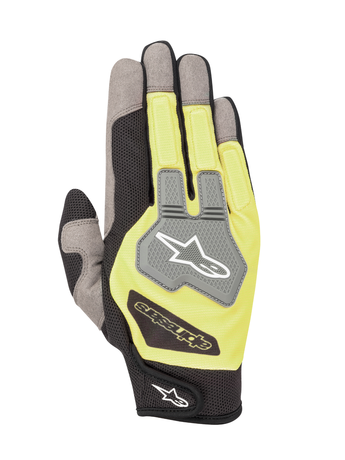 Alpinestars Engine-handskar, karting- och mekanikerhandskar, svarta och fluorescerande gula, vy av ovansidan med grå meshpaneler och ett TPR-knogskydd med Alpinestars-logotyp, lätt och ventilerande konstruktion i flera material