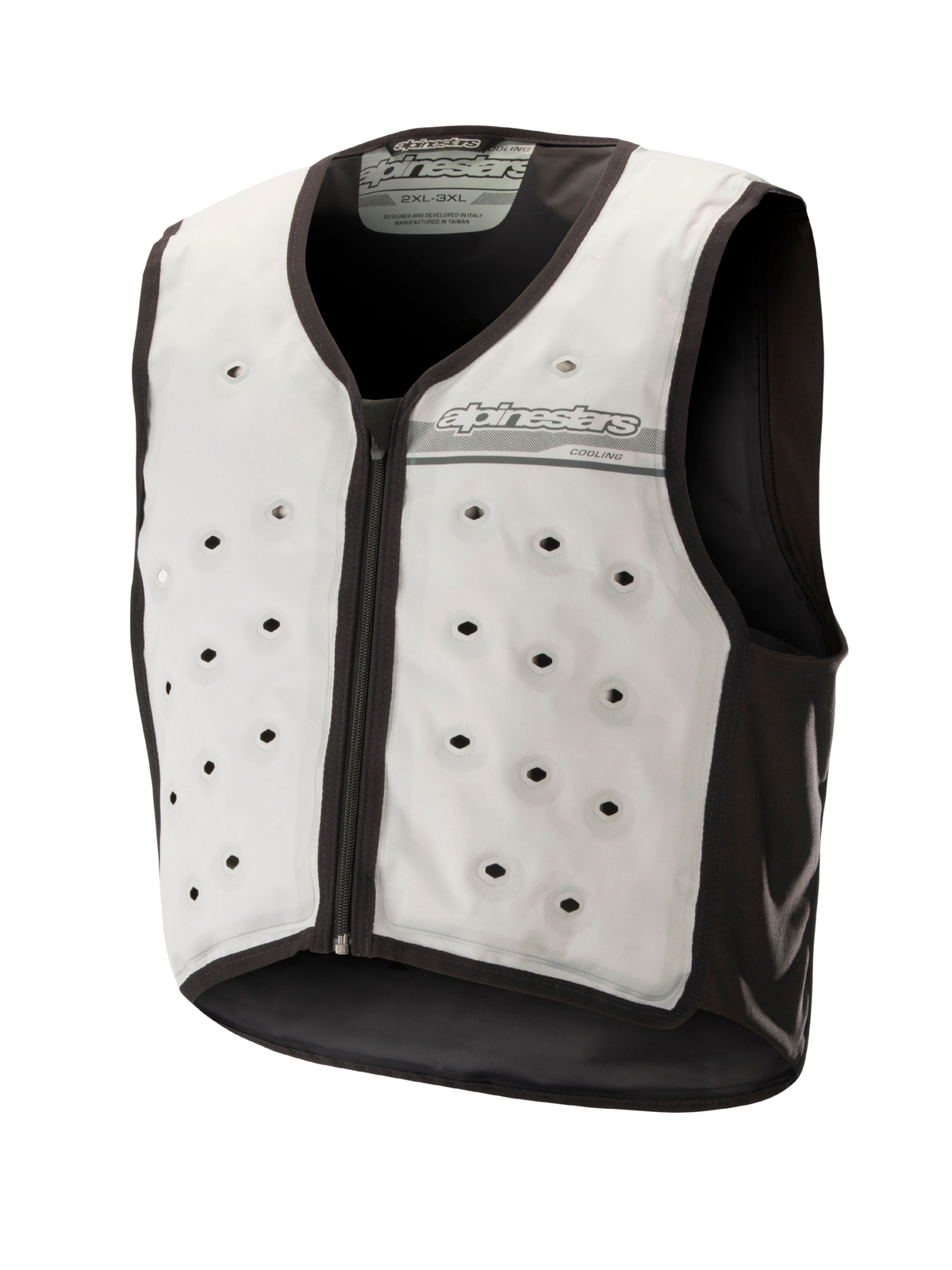 Alpinestars Cooling Vest, ljusgrå och mörkgrå, ärmlöst baslager för motorcykel med cirkulära ventilationshål, dragkedja framtill och fukttransporterande textilkonstruktion för körning i varmt väder