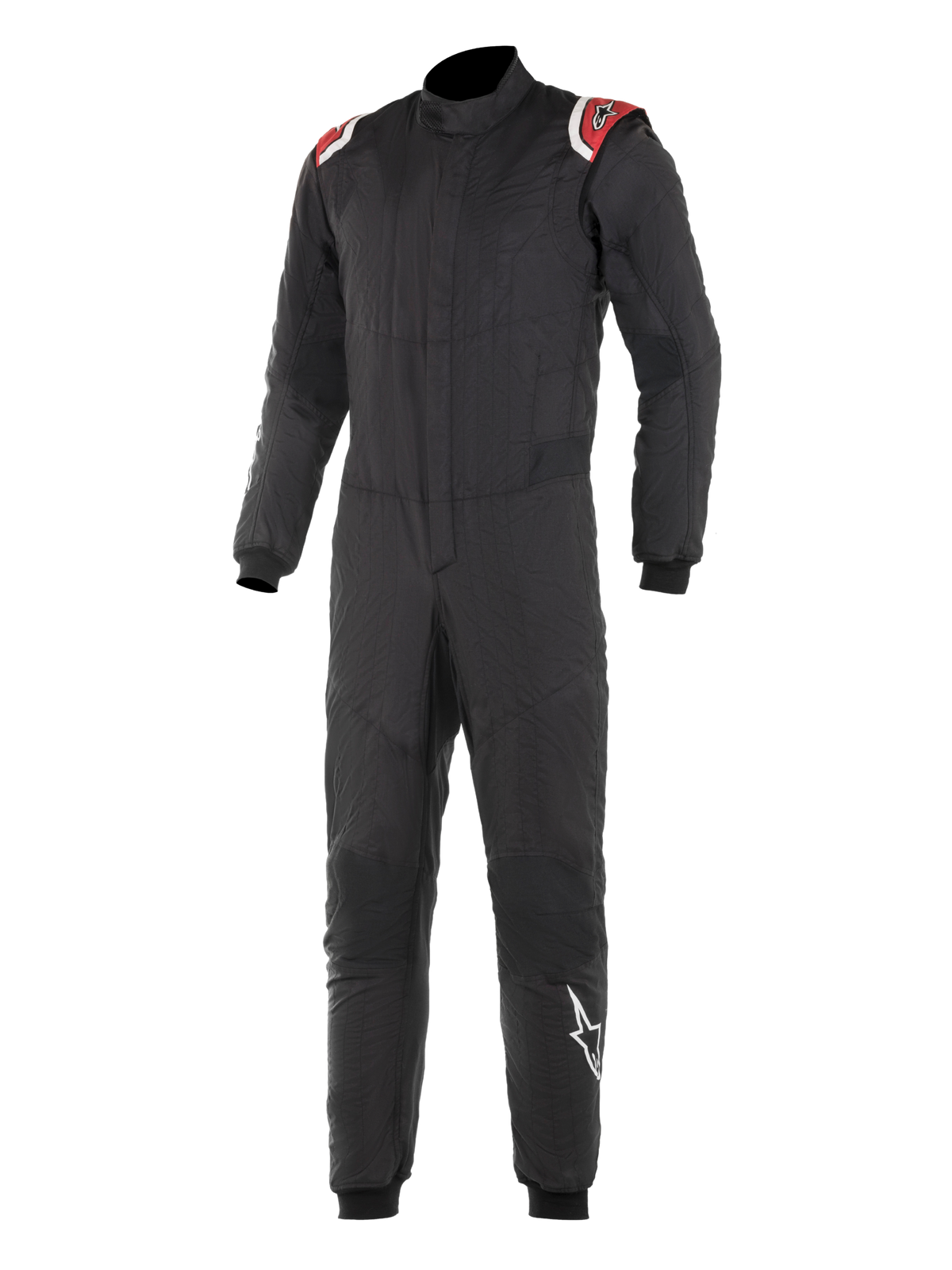 Alpinestars Hypertech Suit, Professional Auto Racing Suit, Black with Red and White shoulder accents, quilted two-layer construction, high collar, fitted design with ribbed wrist and ankle cuffs, FIA-certified motorsport protection