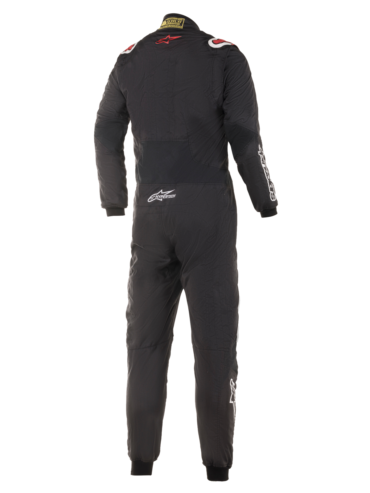 Alpinestars Hypertech-dräkt, racingoverall för bilsport, svart med röda och vita detaljer, baksida som visar röd stjärnlogotyp på övre ryggen, Hypertech-logotyp på ländryggen, professionell ettstycksdesign för motorsport.