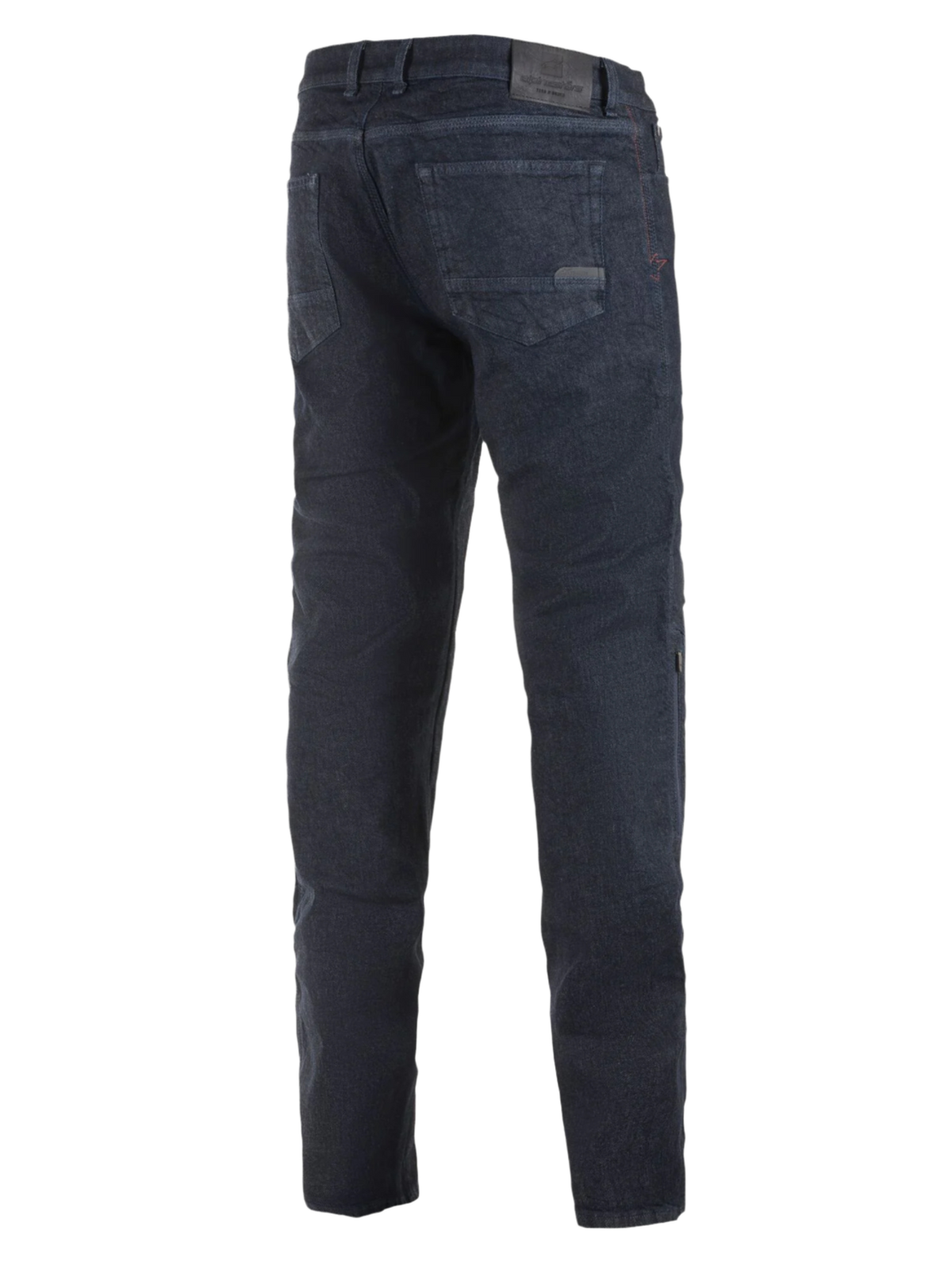 Alpinestars Copper Out V2 Riding Denim, motorcykeljeans, Rinse Plus Blue, vy bakifrån som visar vanlig rak passform, läderemblem på linningen, mörkt tvättad denim för urban stadskörning