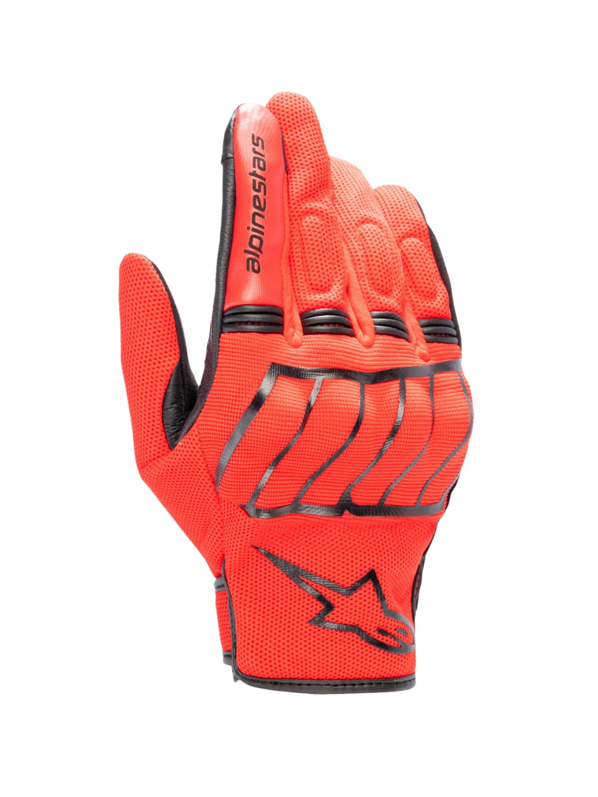 Alpinestars MM 93 Losail V2 handskar, urbana motorcykelhandskar, ljust röd och svart, andningsbar mesh-konstruktion med hårt knogskydd, svart Alpinestars-logotyp på handleden, kort manschett, vadderade fingerdetaljer