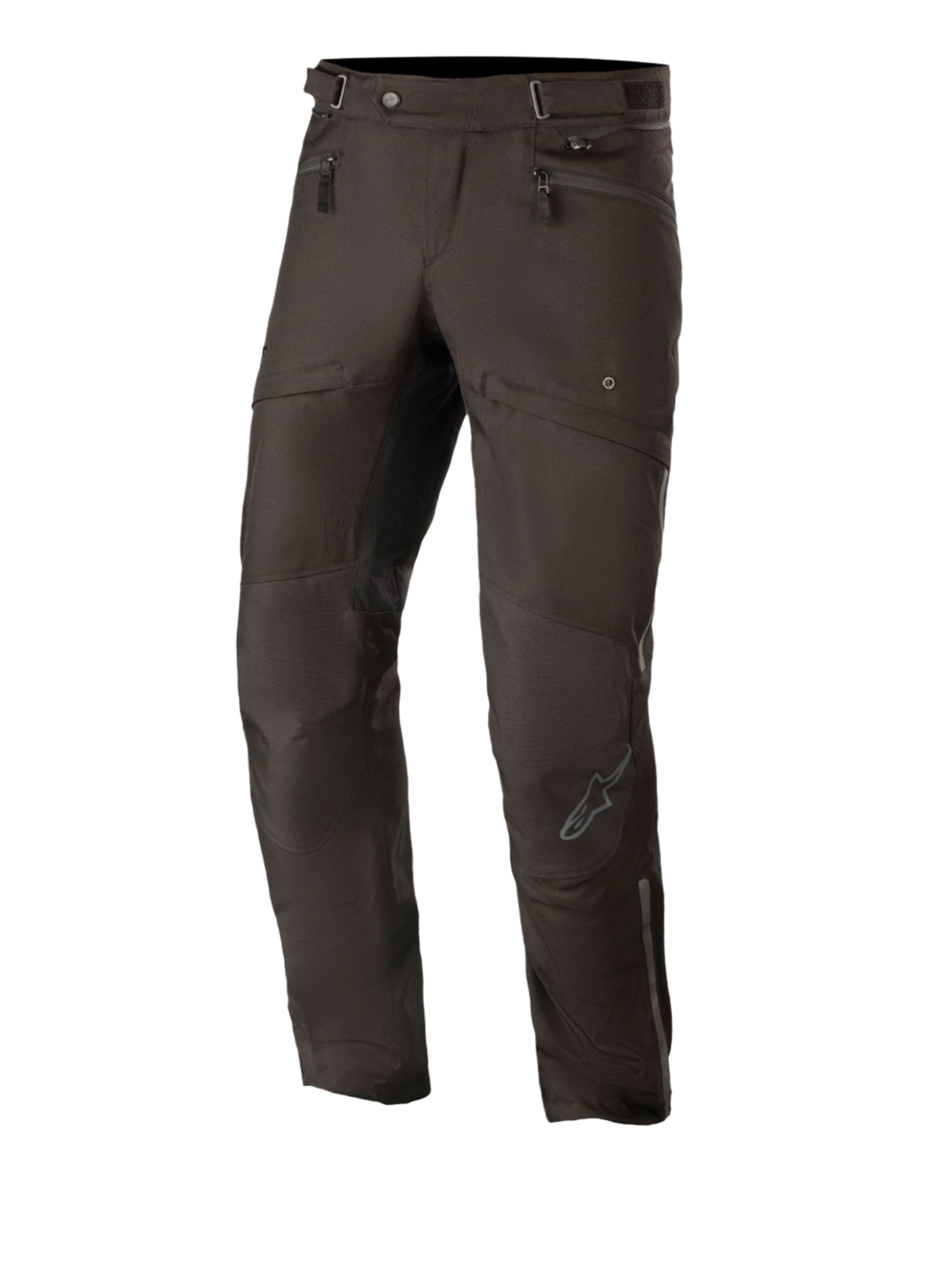 Alpinestars AST-1 V2 Waterproof Pants Long, svarta motorcykelbyxor för touring, höftfickor med dragkedja och justerbara midjeremmar, förböjda ben med förstärkta knäpaneler, diskret grå logotyp på smalbenet, hållbar textilkonstruktion för allvädersbruk på väg