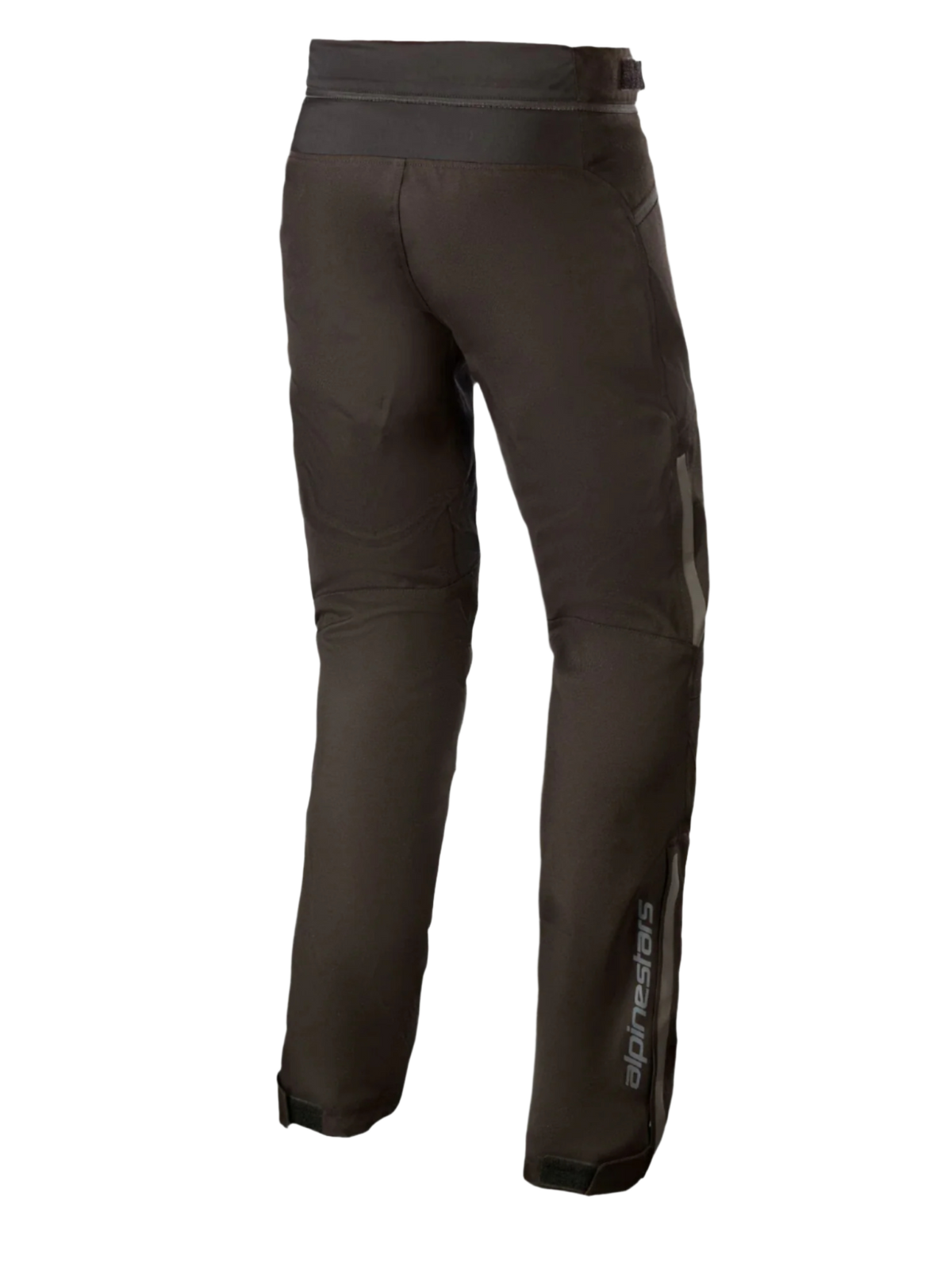 Alpinestars AST-1 V2 Waterproof Pants Long, svarta motorcykelbyxor i textil, vy bakifrån som visar reflekterande detaljer och vertikal logotyp på underbenet, slitstark allvädersutrustning