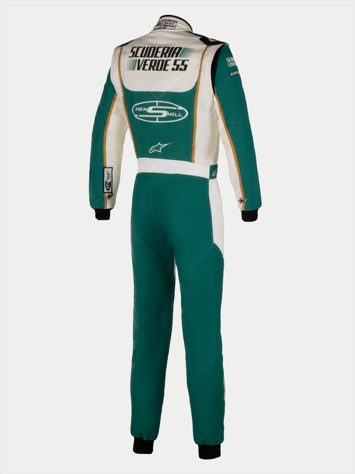 Alpinestars Tech Vision V3 Made To Measure Custom Suit, green and white with gold accents, FIA certified, rear view.