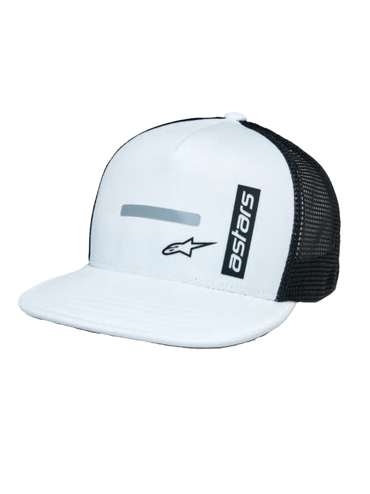 Alpinestars Alter Trucker Hat, vit och svart keps med strukturerad vit krona och platt skärm, svarta meshpaneler på baksidan, vertikal 'astars'-branding och reflekterande logotryck, motorsportinspirerad design