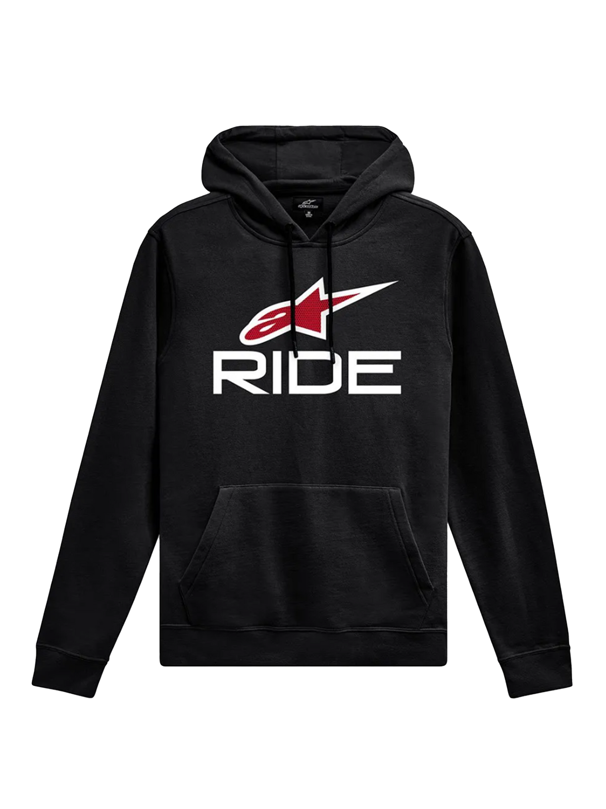 Alpinestars Ride Hoodie V 3, casual sportswear, svart med vit RIDE-text och röd stjärnlogotyp, känguruficka fram, luva med dragsko, ribbade muddar och nederkant, motorsportsinspirerad design