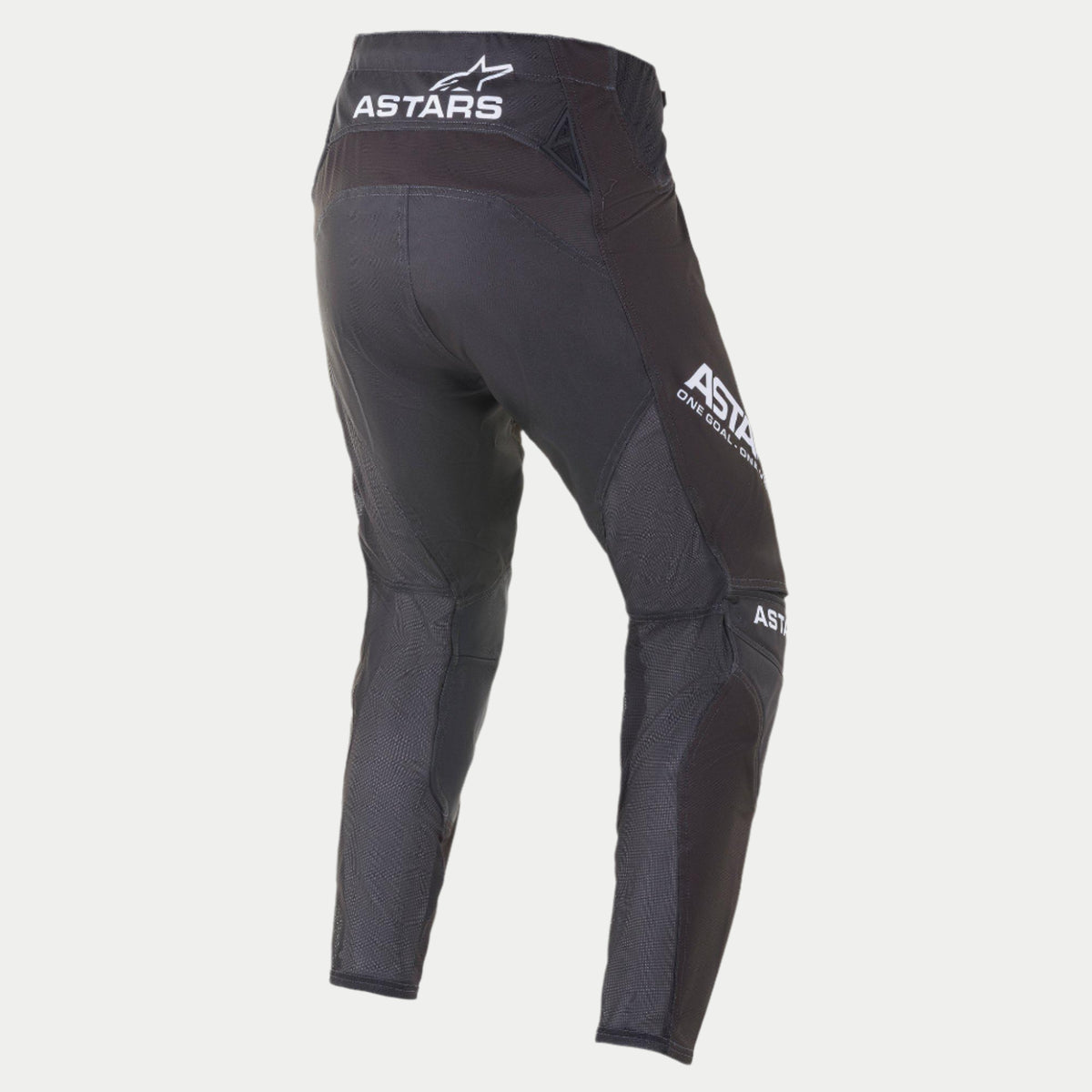 Alpinestars 2021 Techstar Phantom-byxor, motocrossbyxor, svarta och vita, vy bakifrån med vit ASTARS-logotyp på midjebandet och låret, grafitgrå strukturerade meshpaneler på benen och en race-passform för hög prestanda.