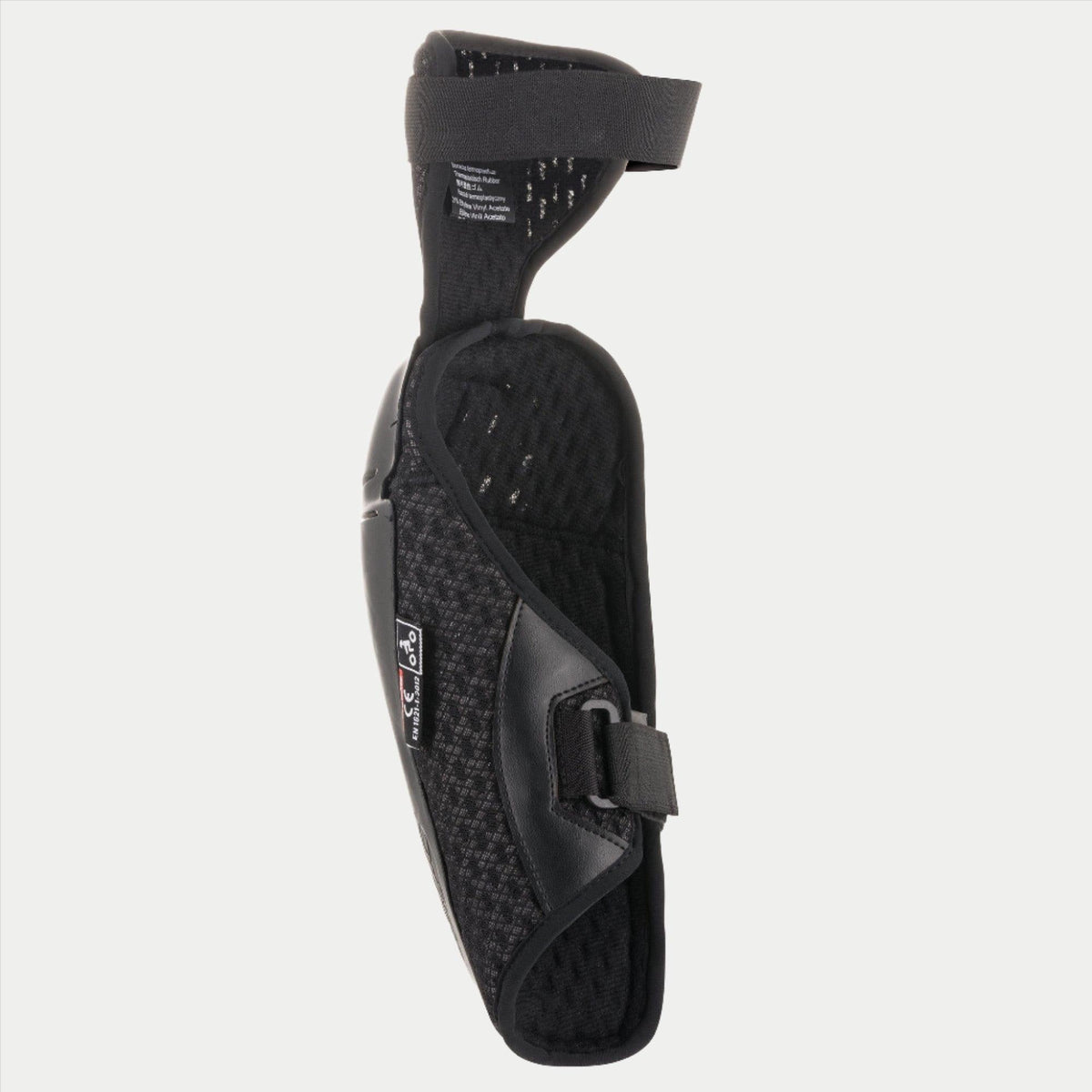 Alpinestars Youth Bionic Plus Elbow Protector, Black, inner view showcasing breathable 3D mesh lining and dual hook-and-loop strap closure, lightweight ergonomic design for youth motocross protection