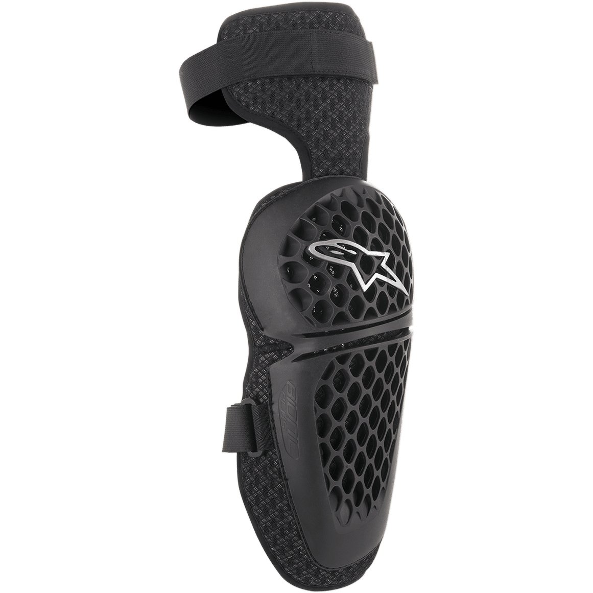 Alpinestars Youth Bionic Plus knäskydd, svarta, motocross- och offroad-skydd, honeycomb-mönstrat skal med vit stjärnlogotyp, justerbart dubbelt remstängningssystem, 3D-nät på baksidan för ventilation