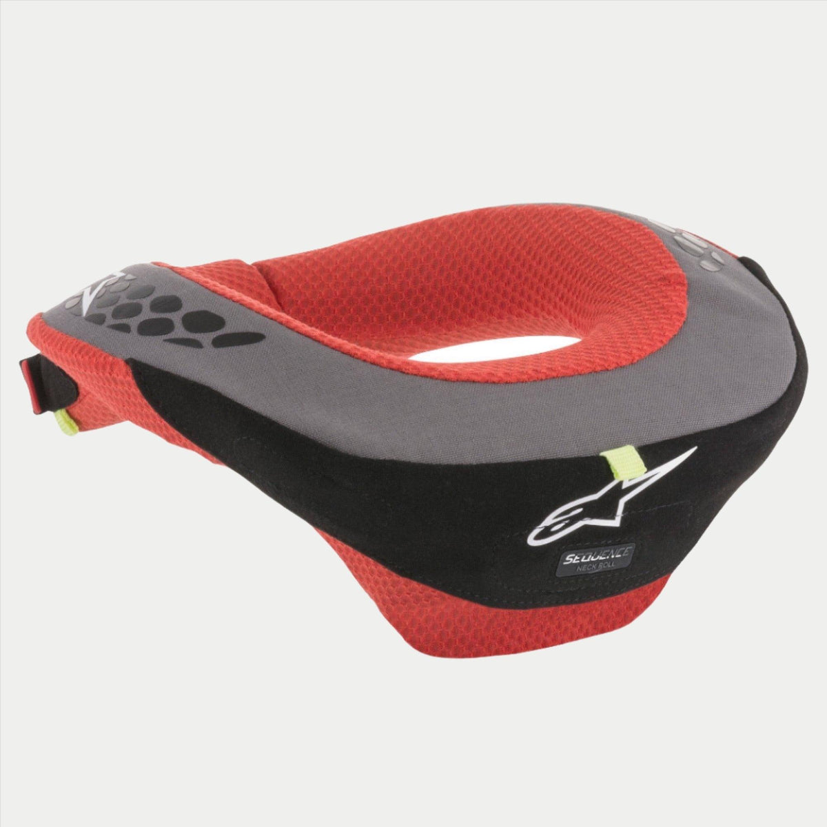 Alpinestars Youth Sequence Neck Roll, nackskydd för ungdom, svart och röd med grå detaljer, vit Alpinestars-logotyp, innerfoder i mesh, ergonomisk säkerhetsutrustning för motocross och karting